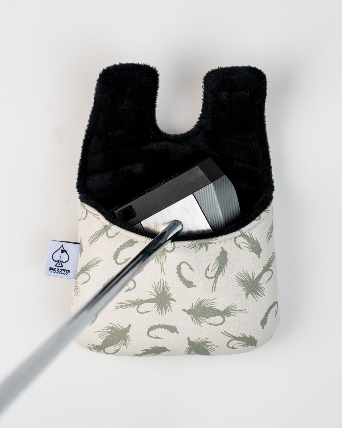 Trout center shaft mallet putter cover featuring a stylish fish pattern and soft interior for protection.