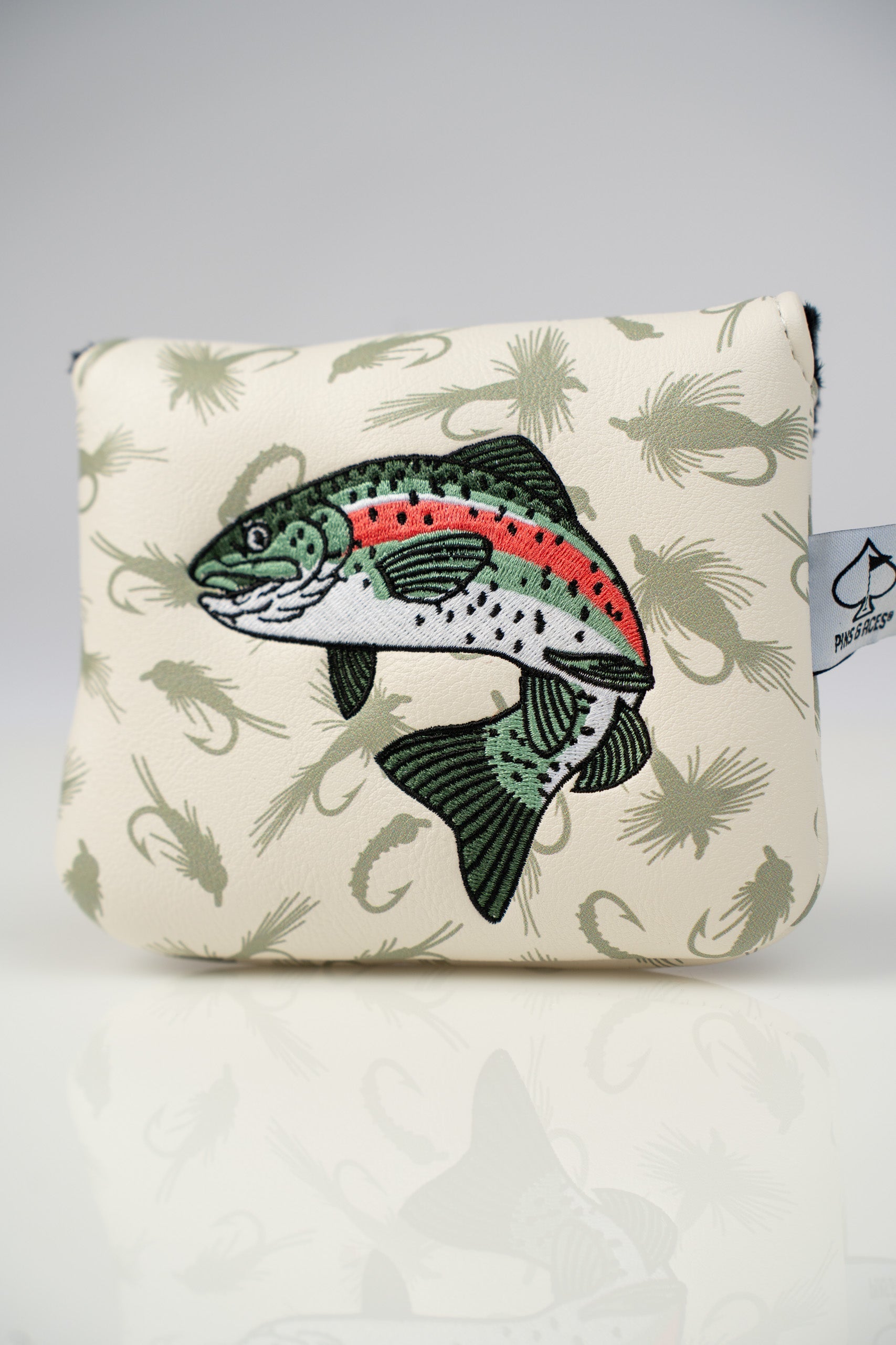 Trout-themed center shaft mallet putter cover featuring a detailed fish design on a light background.
