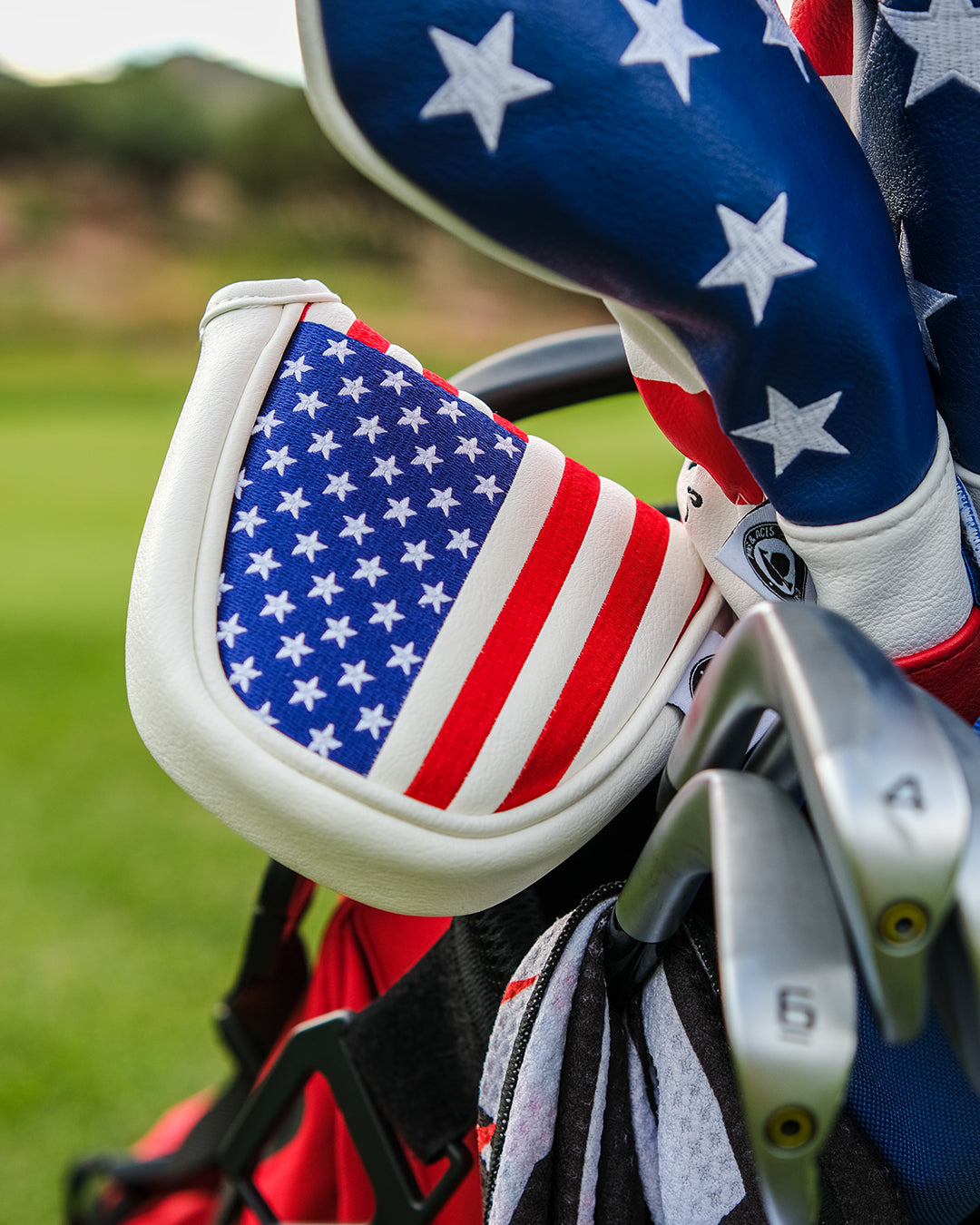USA Tribute mallet putter cover featuring patriotic colors and design, ideal for golf enthusiasts.