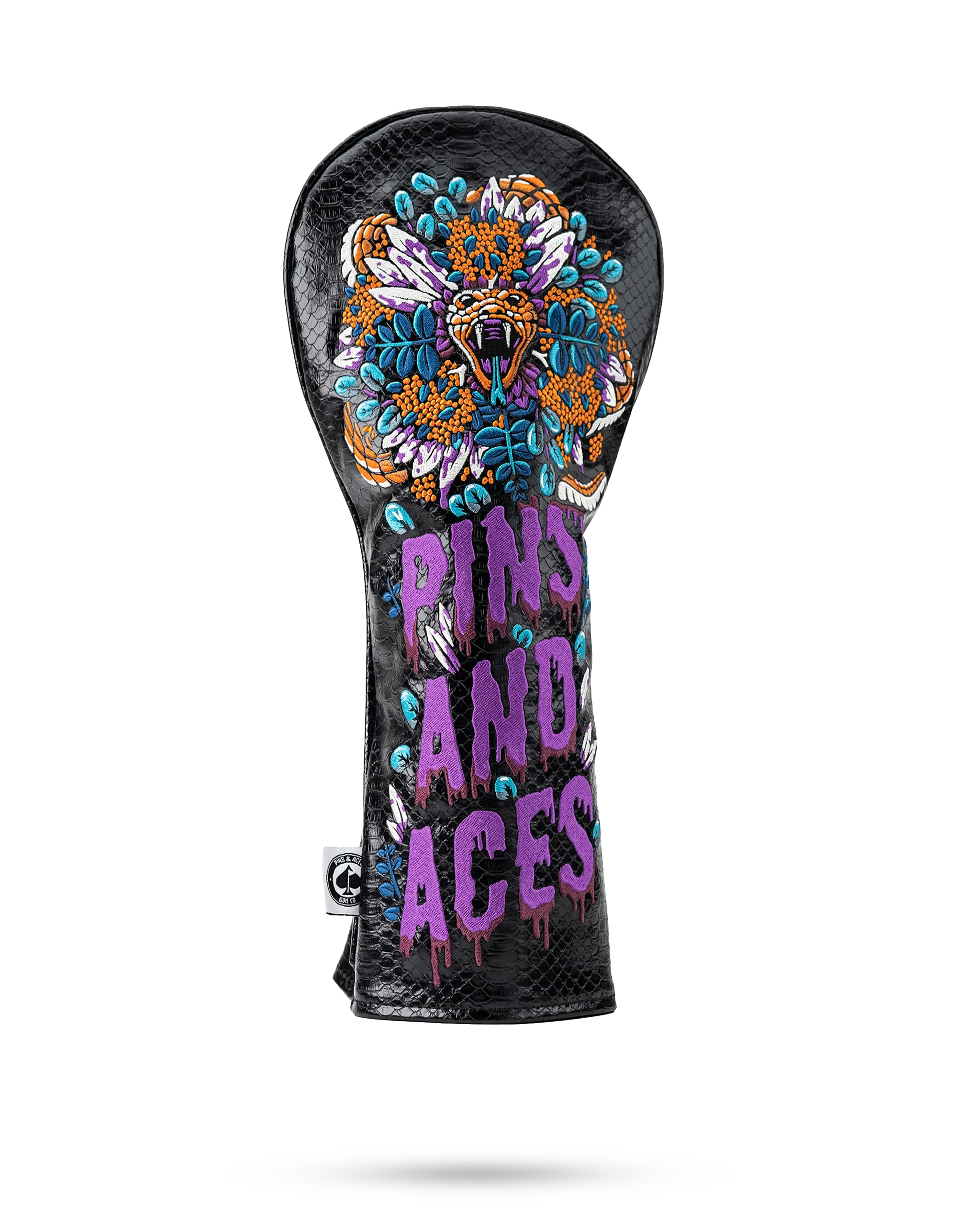 Venom Fairway Cover featuring a vibrant design with a snake and floral elements, labeled "PINS AND ACES.