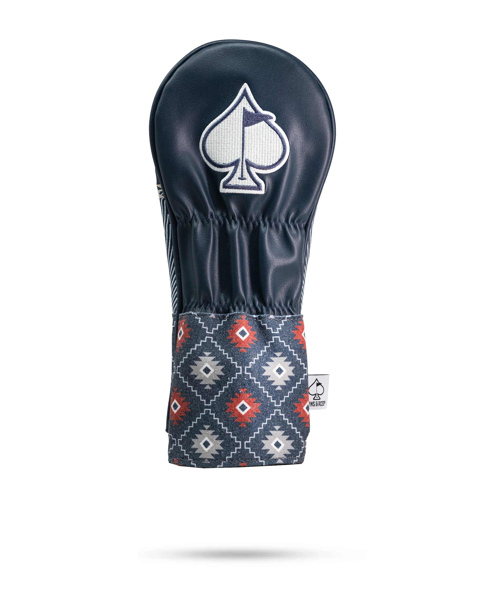 Western Aesthetic Fairway Cover featuring a navy leather top with a white spade logo and a southwestern patterned fabric base.