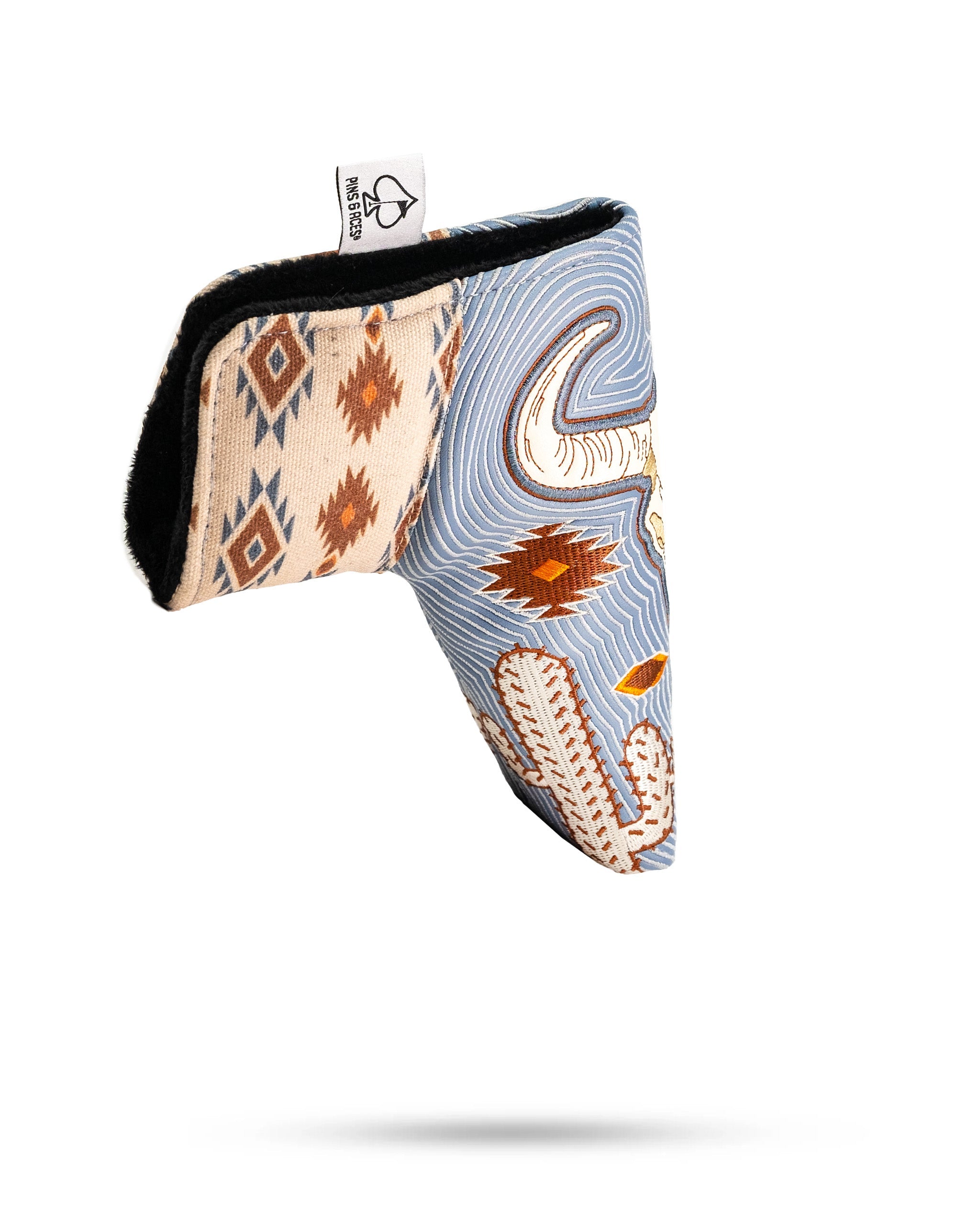 Western Aesthetic Blade Putter Cover with southwestern-inspired embroidery and a soft black interior lining.