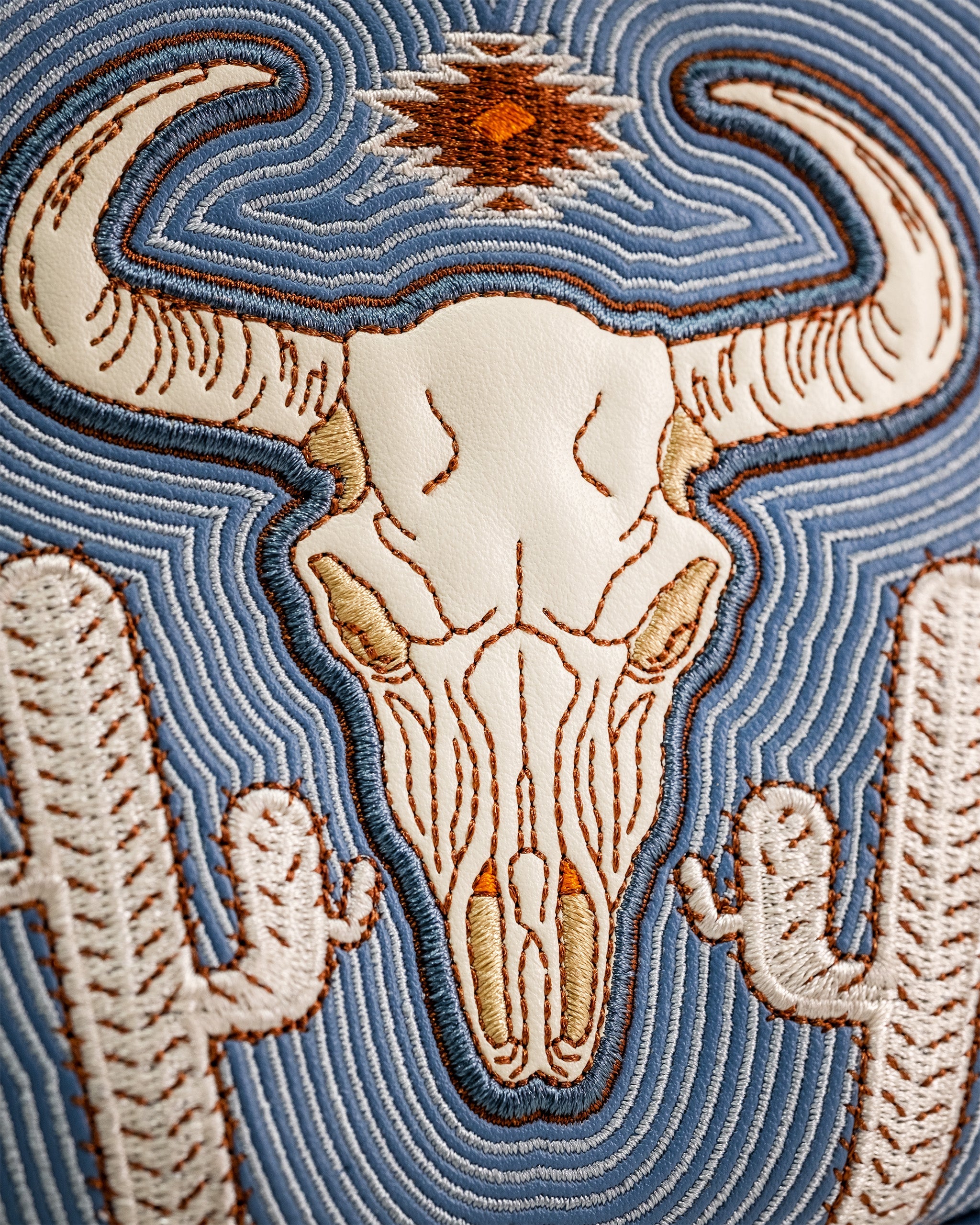 Embroidered Western Aesthetic Mallet Putter Cover featuring a detailed skull and cactus design in earthy tones.