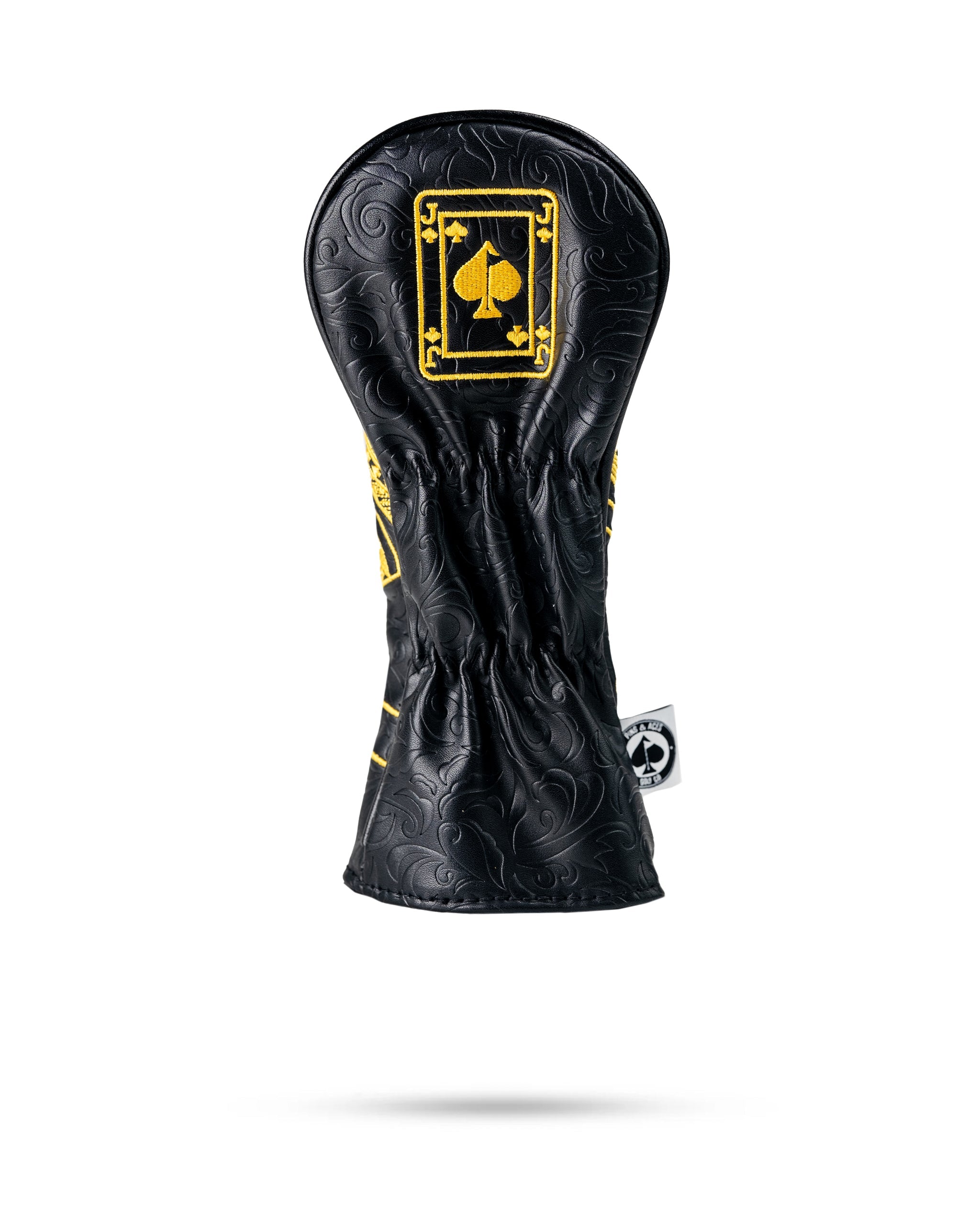 Black and gold Jack of Spades hybrid golf club cover featuring a stylish design and durable material.