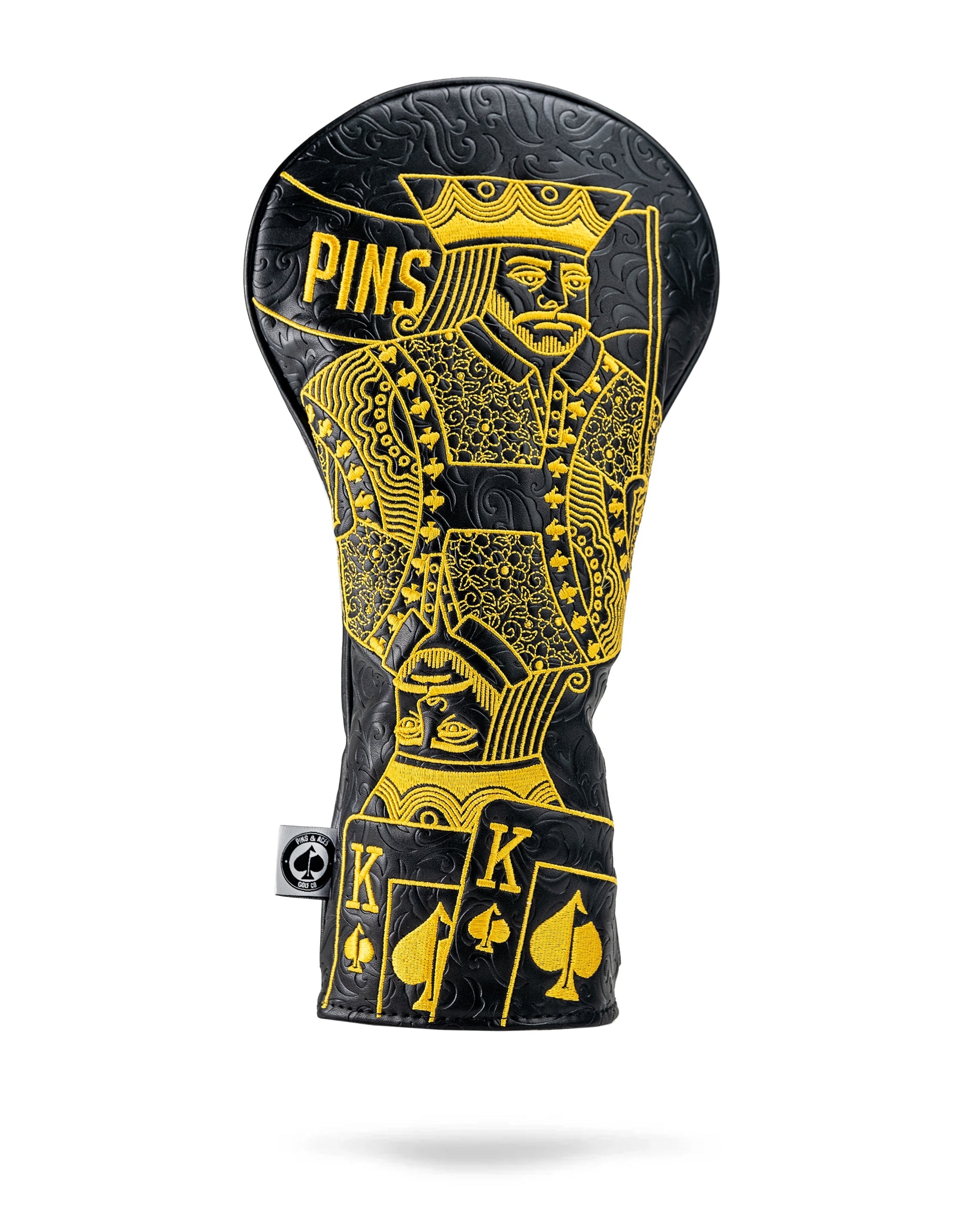 Black and gold king of spades driver cover with a sleek design and luxurious finish.