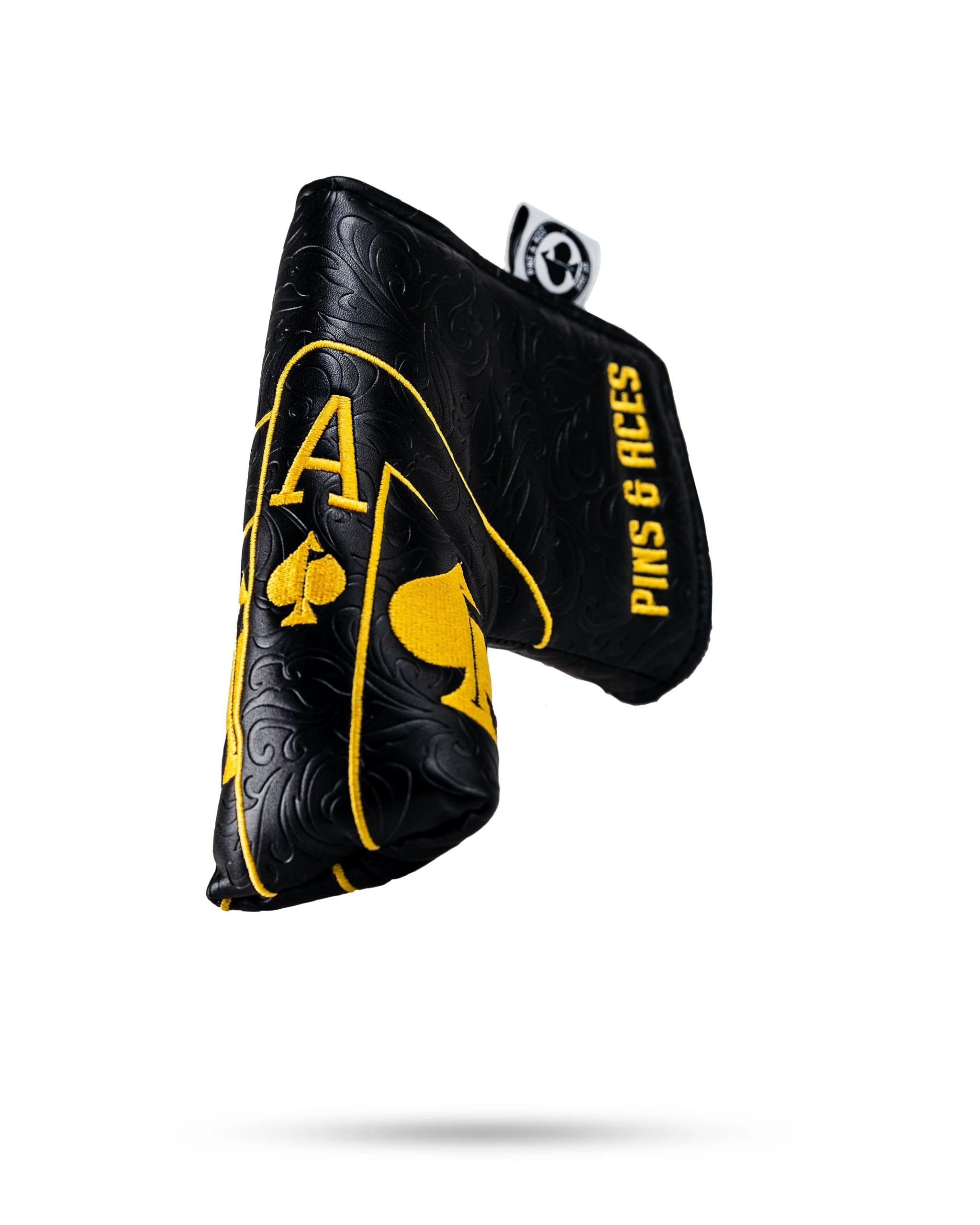 Black and gold Ace of Spades blade putter cover featuring intricate design and premium materials.
