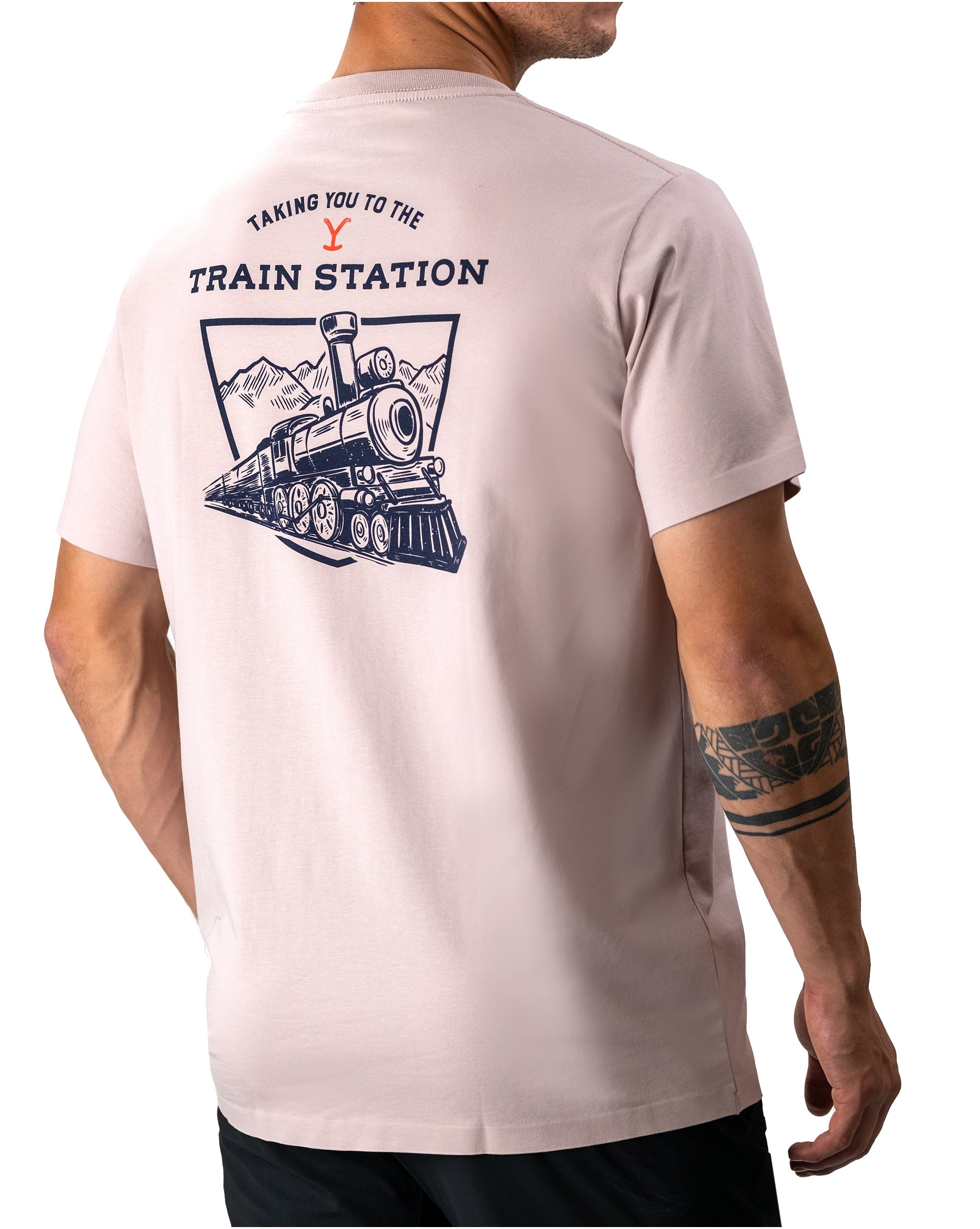 Yellowstone Train Station Tee featuring a vintage train graphic on a dark background.