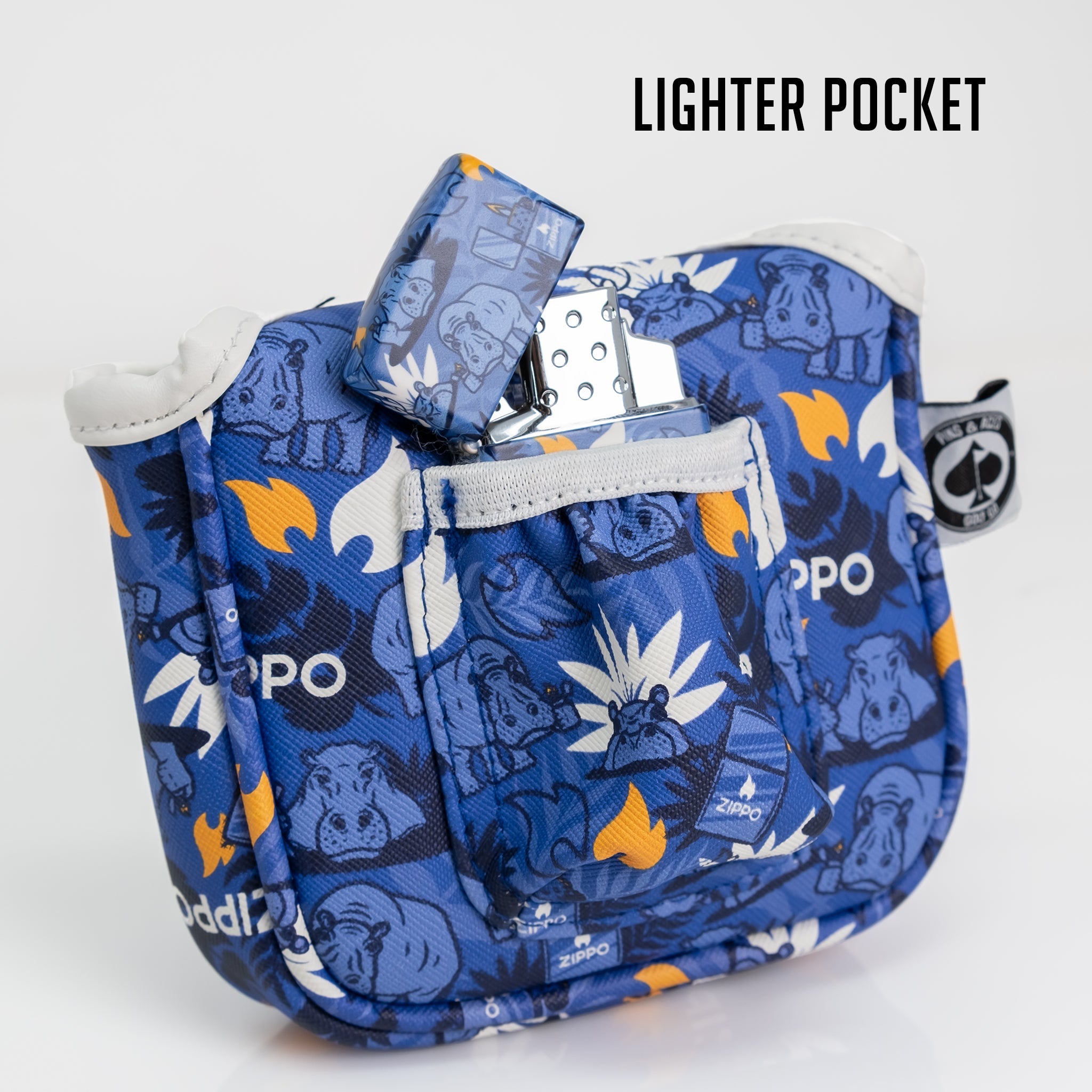 Blue Zippo mallet putter cover with cartoon animal and flame patterns, placed inside a matching zippered pouch.