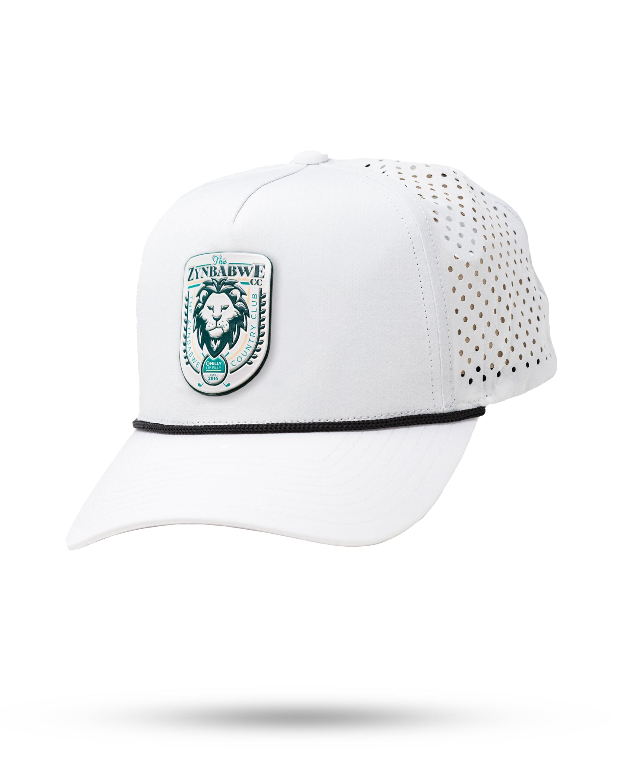 Perforated white rope hat featuring the Zynbabwe Country Club logo, designed for added breathability and style.