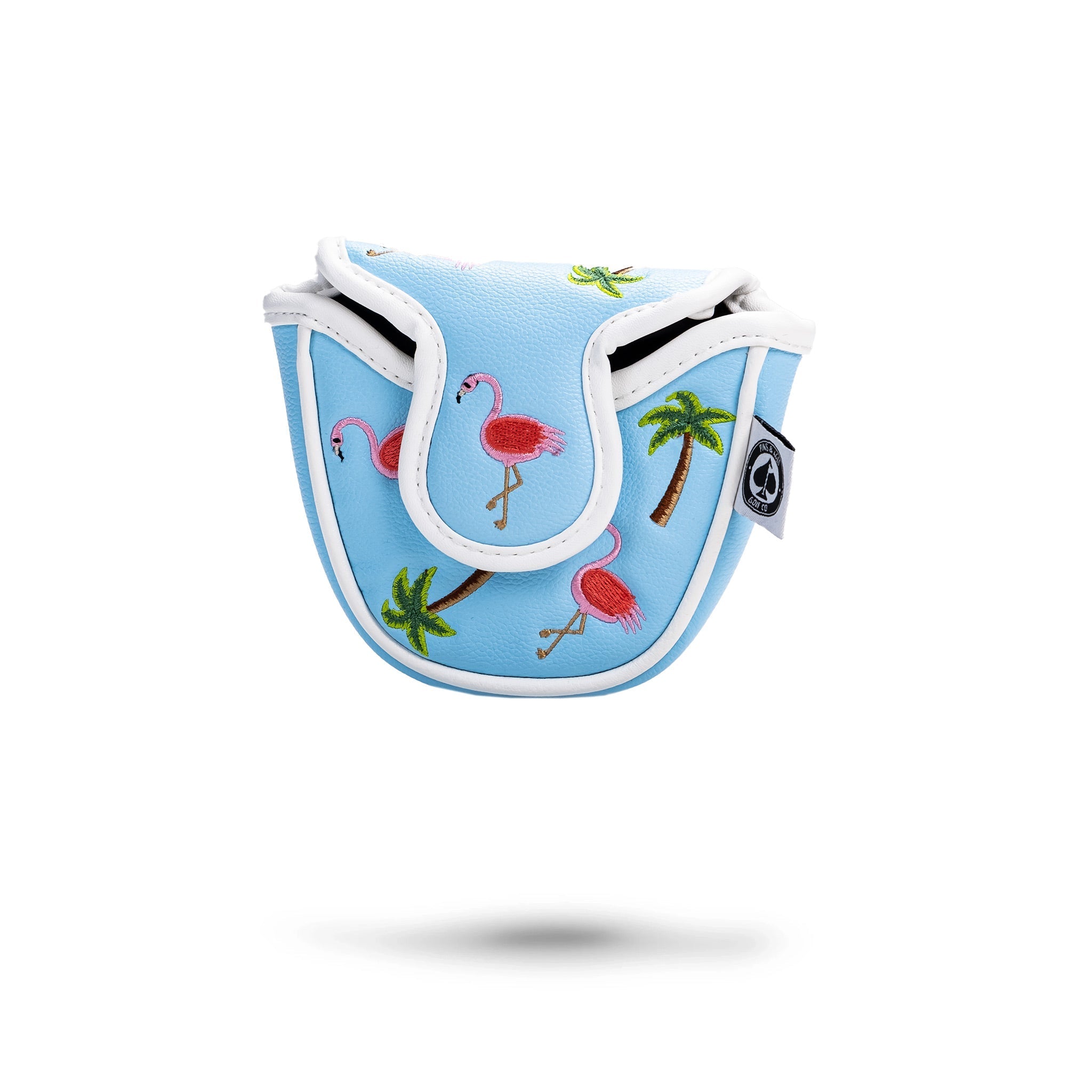 Dancing Flamingos mallet putter cover features a light blue design with vibrant flamingo and palm tree embroidery.