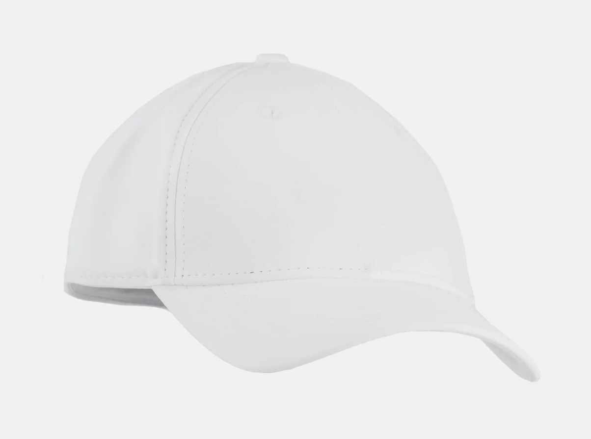 White golf cap with a sleek, minimalist design, perfect for bold, standout golf apparel and accessories.