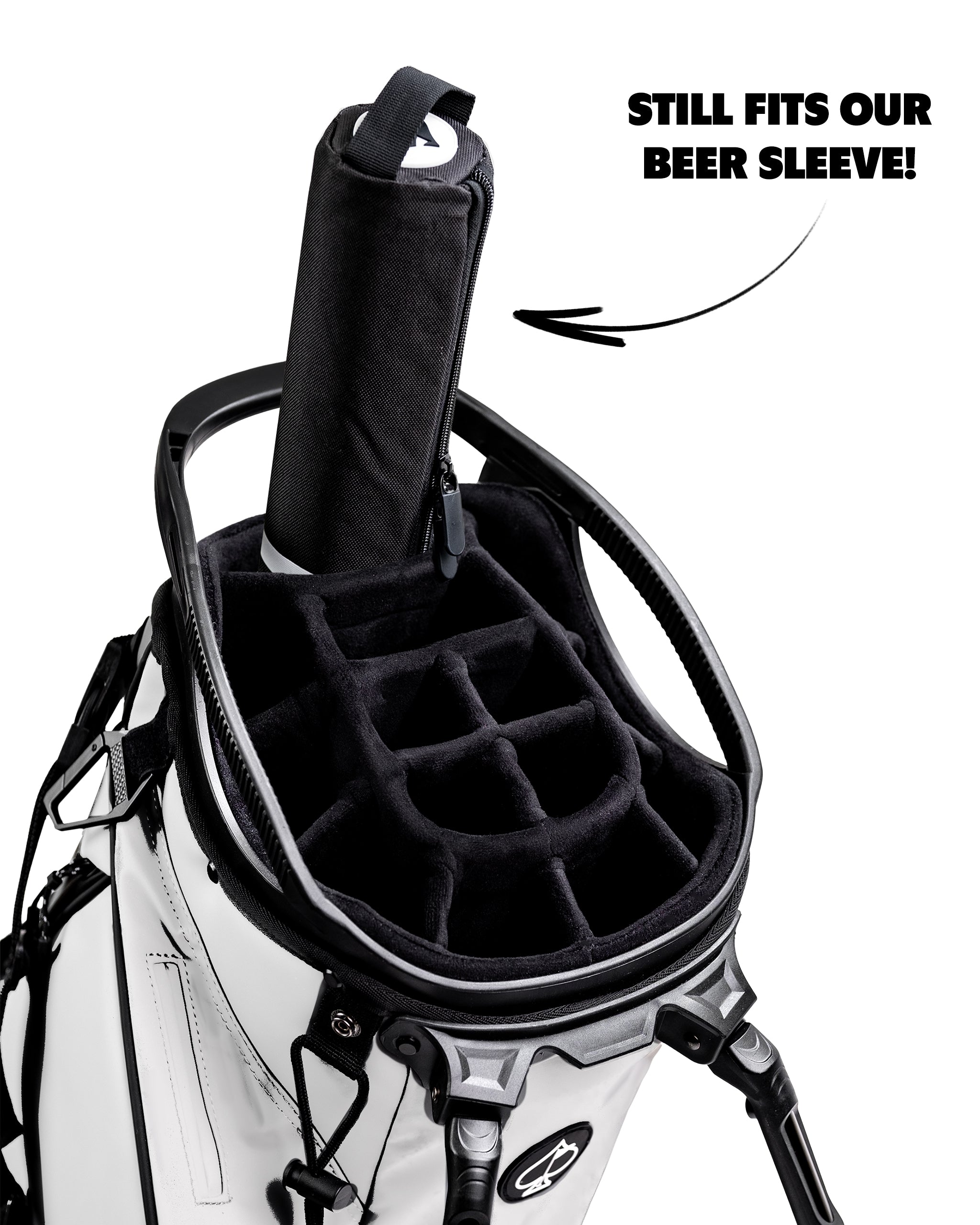 Black beer sleeve designed for easy attachment to golf bags, featuring a sleek, modern look.