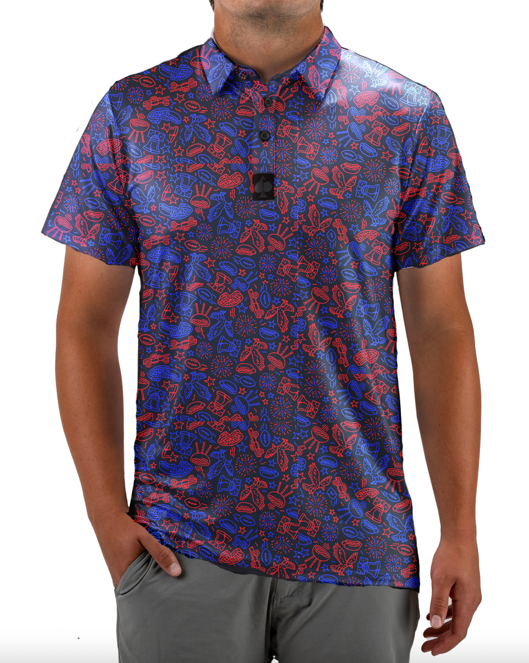 Navy golf shirt featuring a vibrant red and blue doodle pattern, designed for golfers who want to stand out on the course.