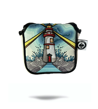 Great Lakes mallet putter cover featuring a vibrant lighthouse design with waves, perfect for stylish golfers.