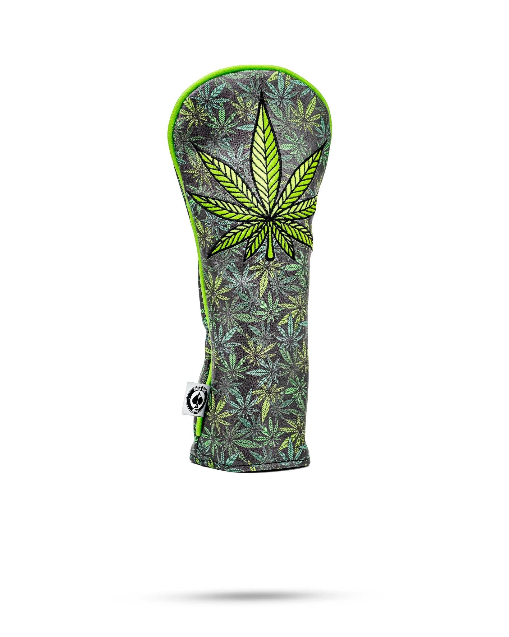 Bold fairway cover featuring a vibrant cannabis leaf design on a dark leafy background, perfect for high handicappers.