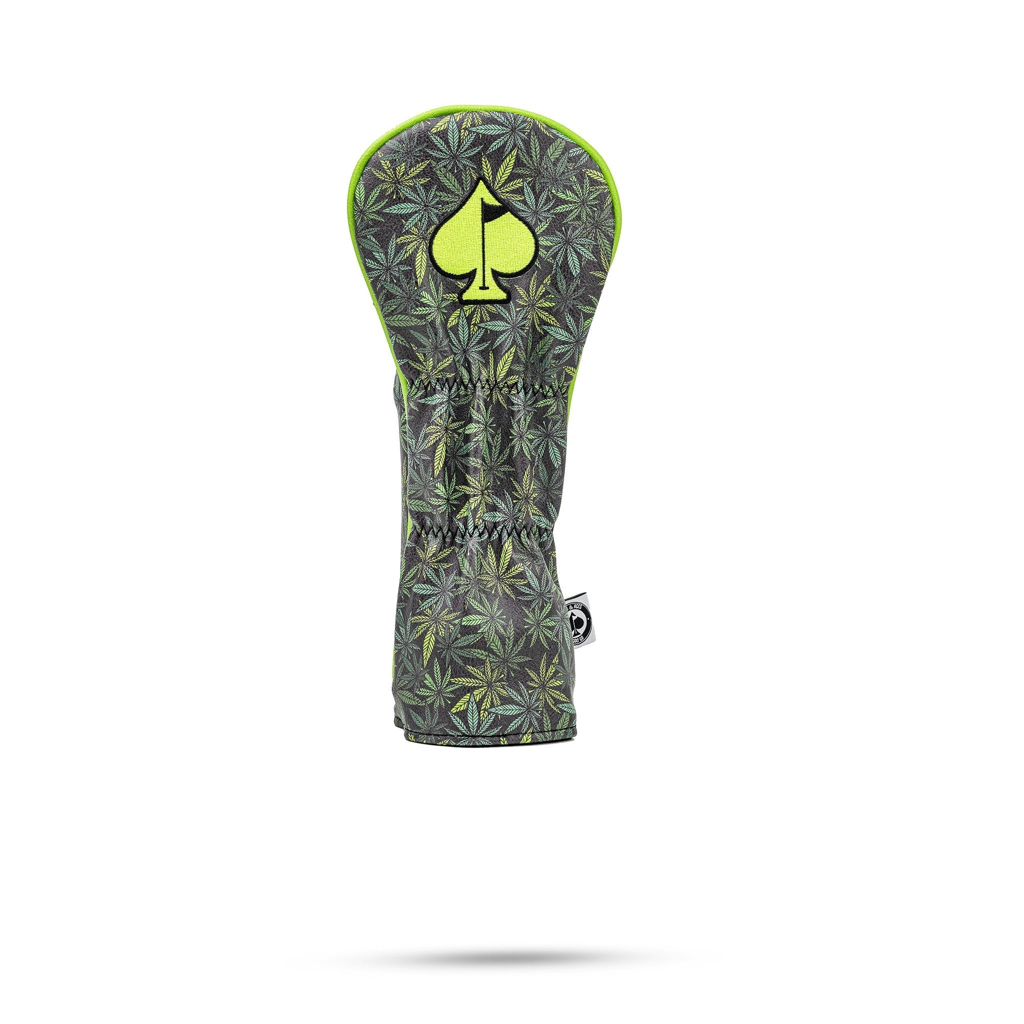 Bold fairway cover featuring a vibrant leaf pattern and a spade logo, designed for high handicap golfers to stand out.