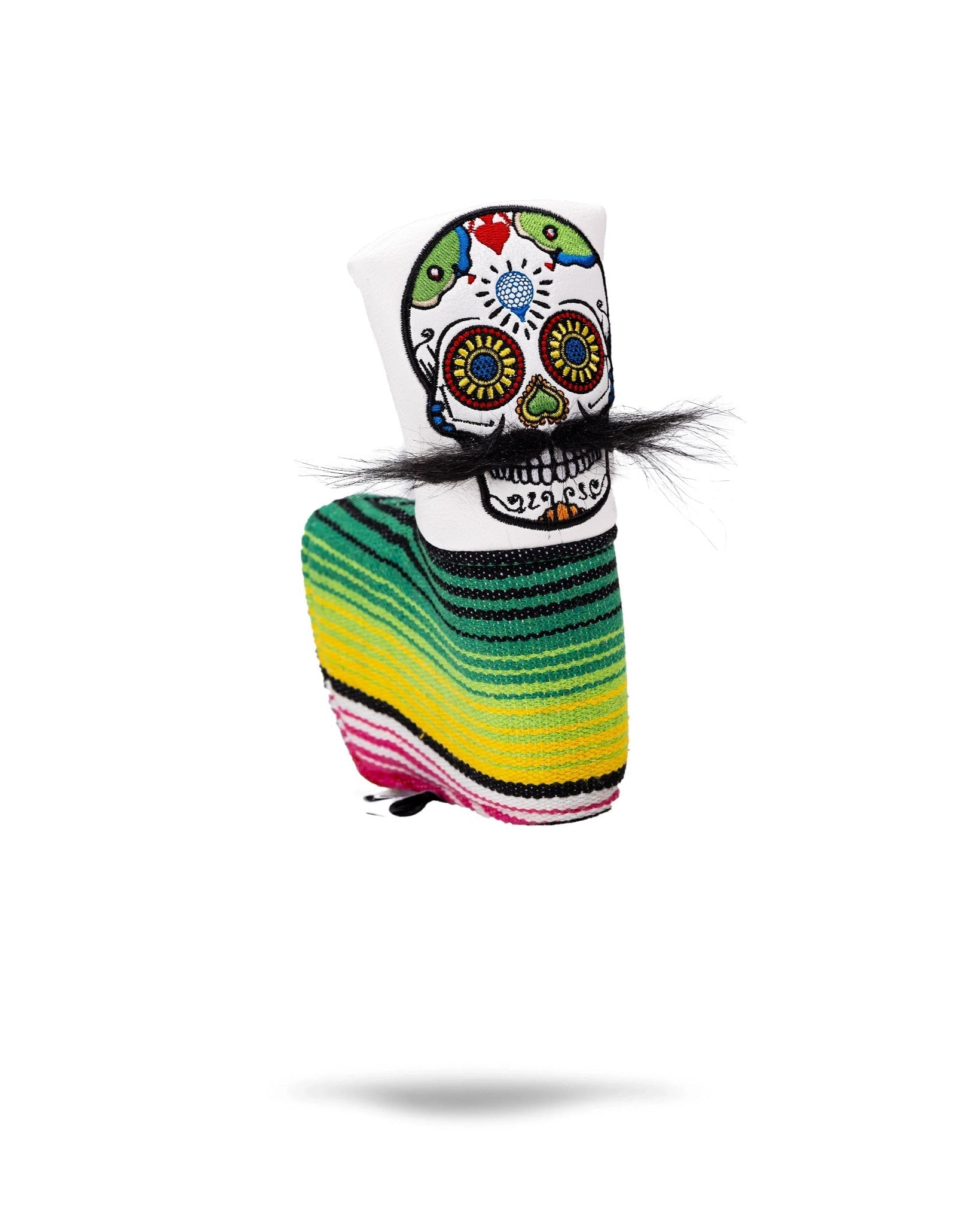 Mustache Sugar Skull Blade Putter Cover in white, featuring vibrant sugar skull designs and a protective fit for golf putters.
