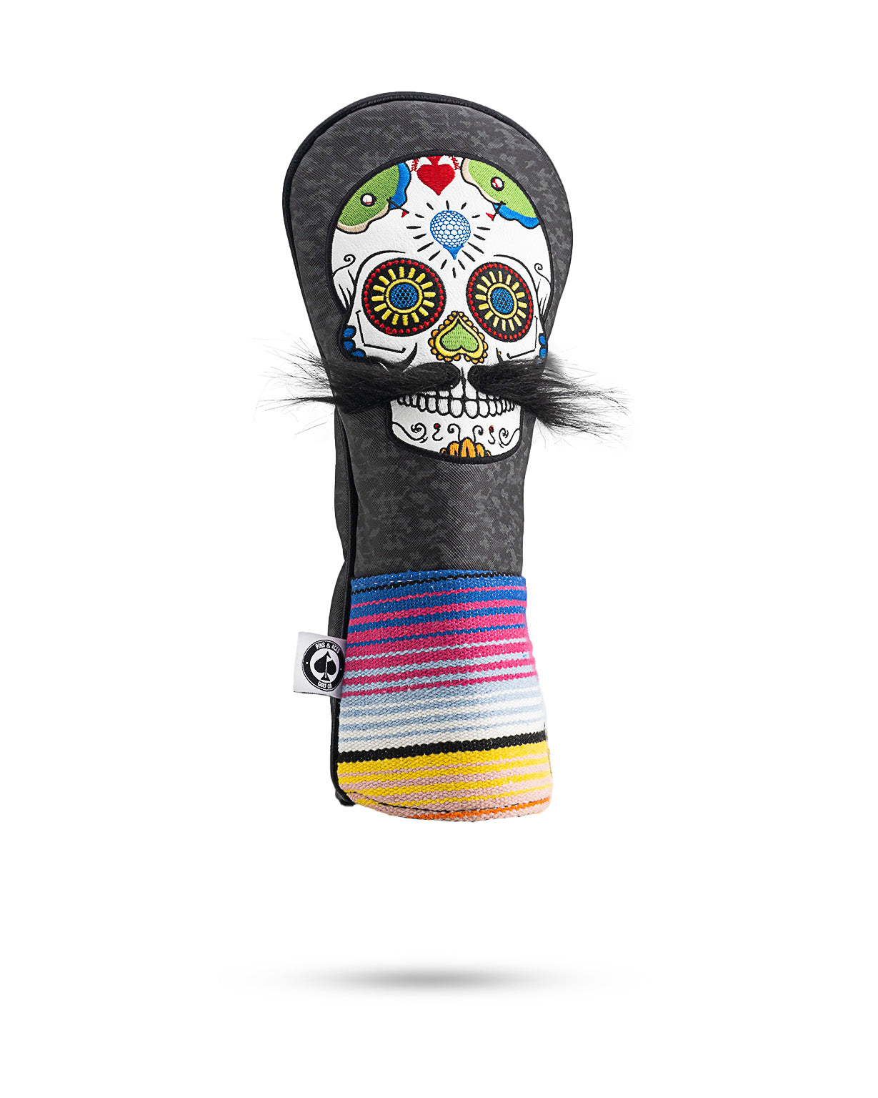 Gray camo golf fairway cover featuring a colorful mustache sugar skull design and vibrant striped accents.