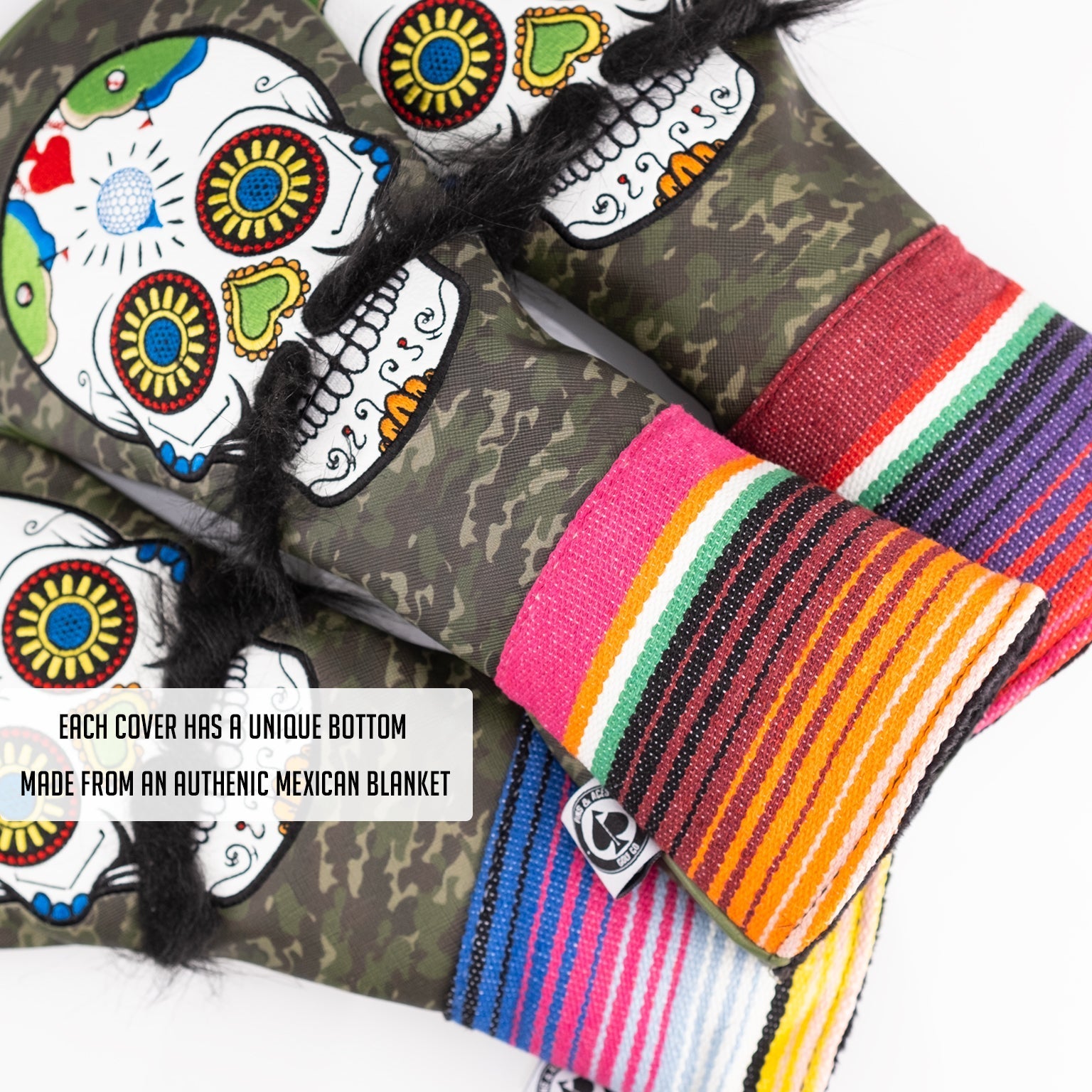 Bold green camo fairway cover featuring a colorful mustache sugar skull design and unique authentic Mexican blanket bottom.