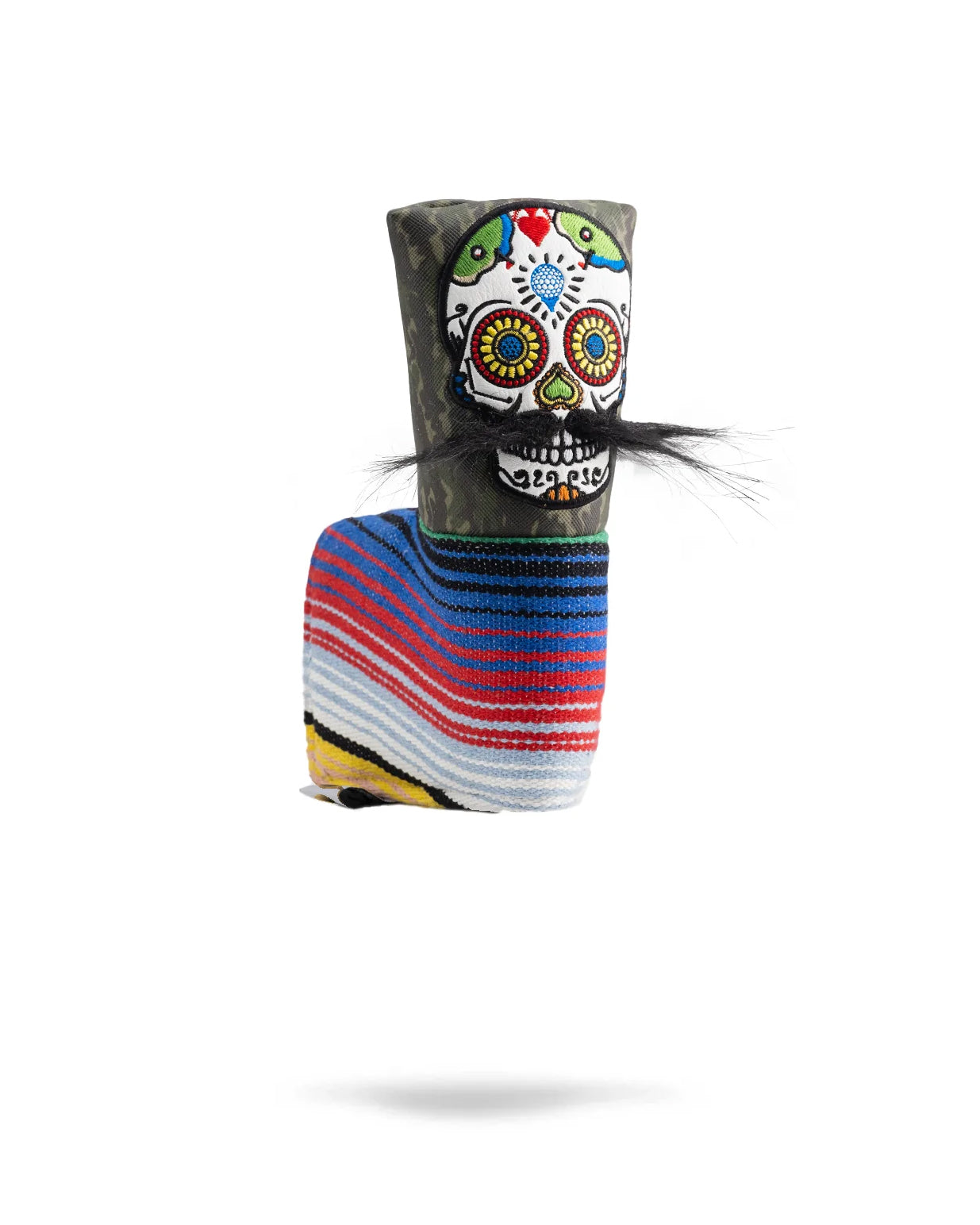 Green camo Blade putter cover featuring a mustache sugar skull design, ideal for golfers seeking unique accessories.