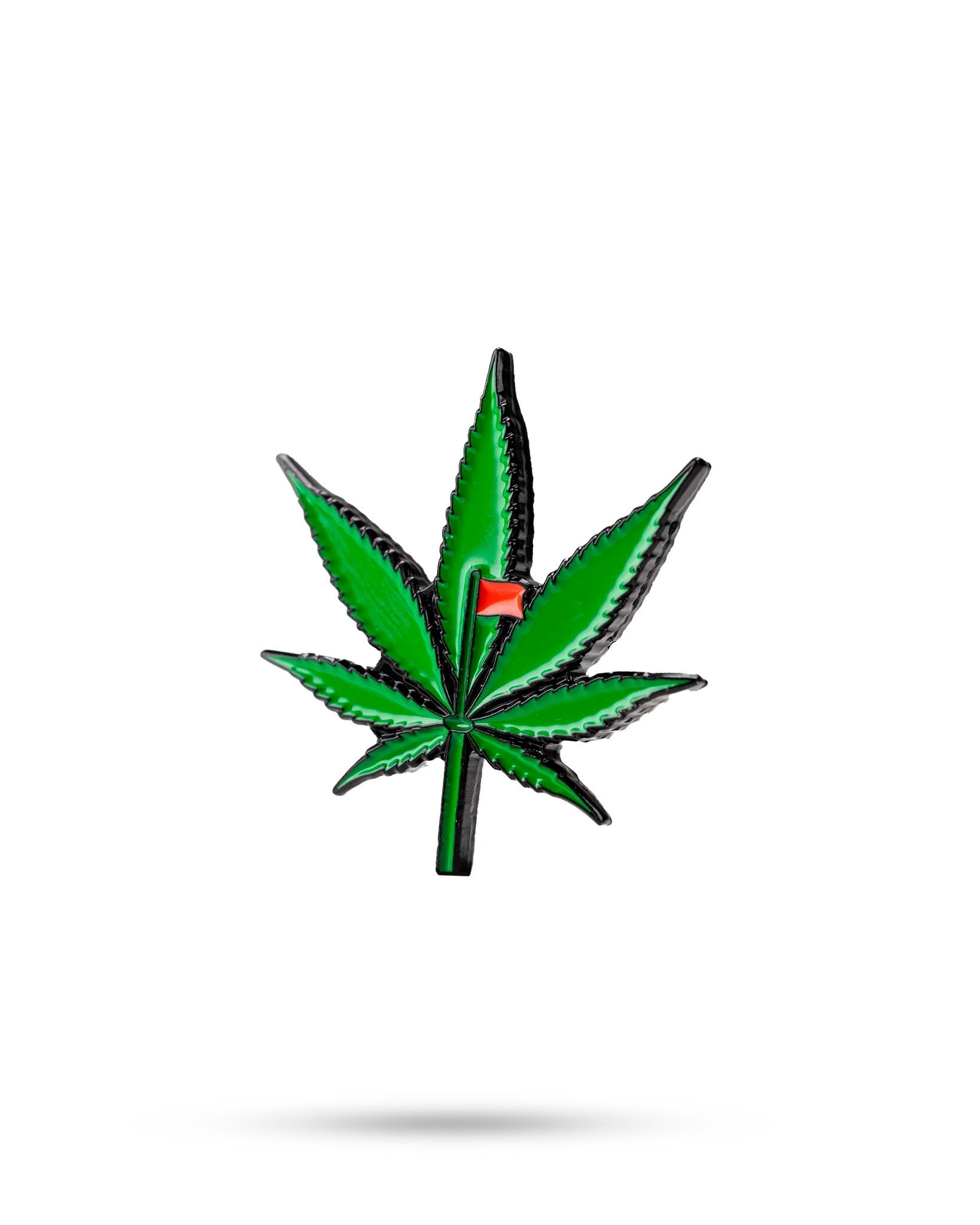 Bold pot leaf ball marker featuring vibrant green leaves and a small flag, perfect for adding personality to your golf game.