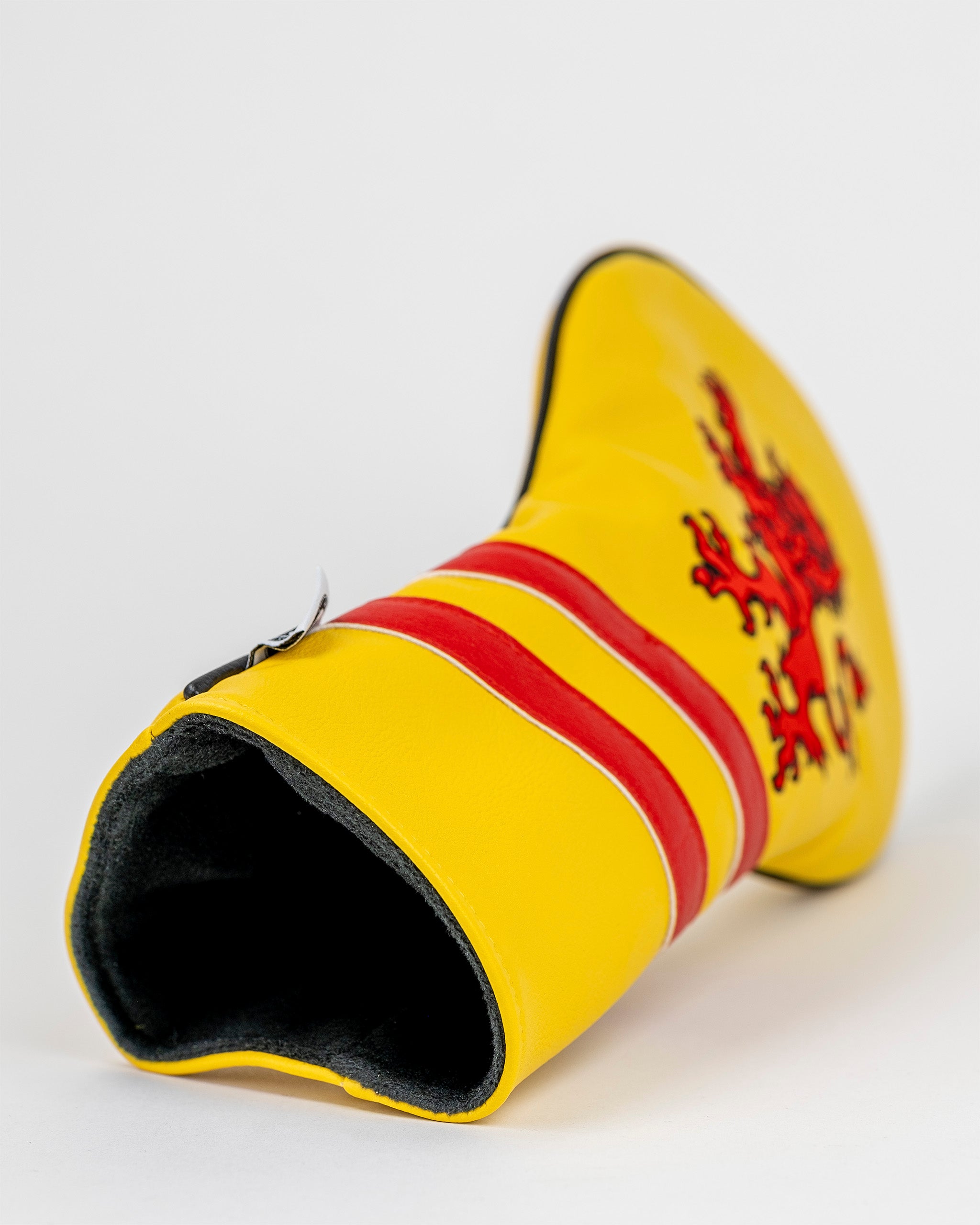 Bright yellow driver cover featuring a red lion design and bold stripes, perfect for golfers wanting to showcase their Scottish pride.