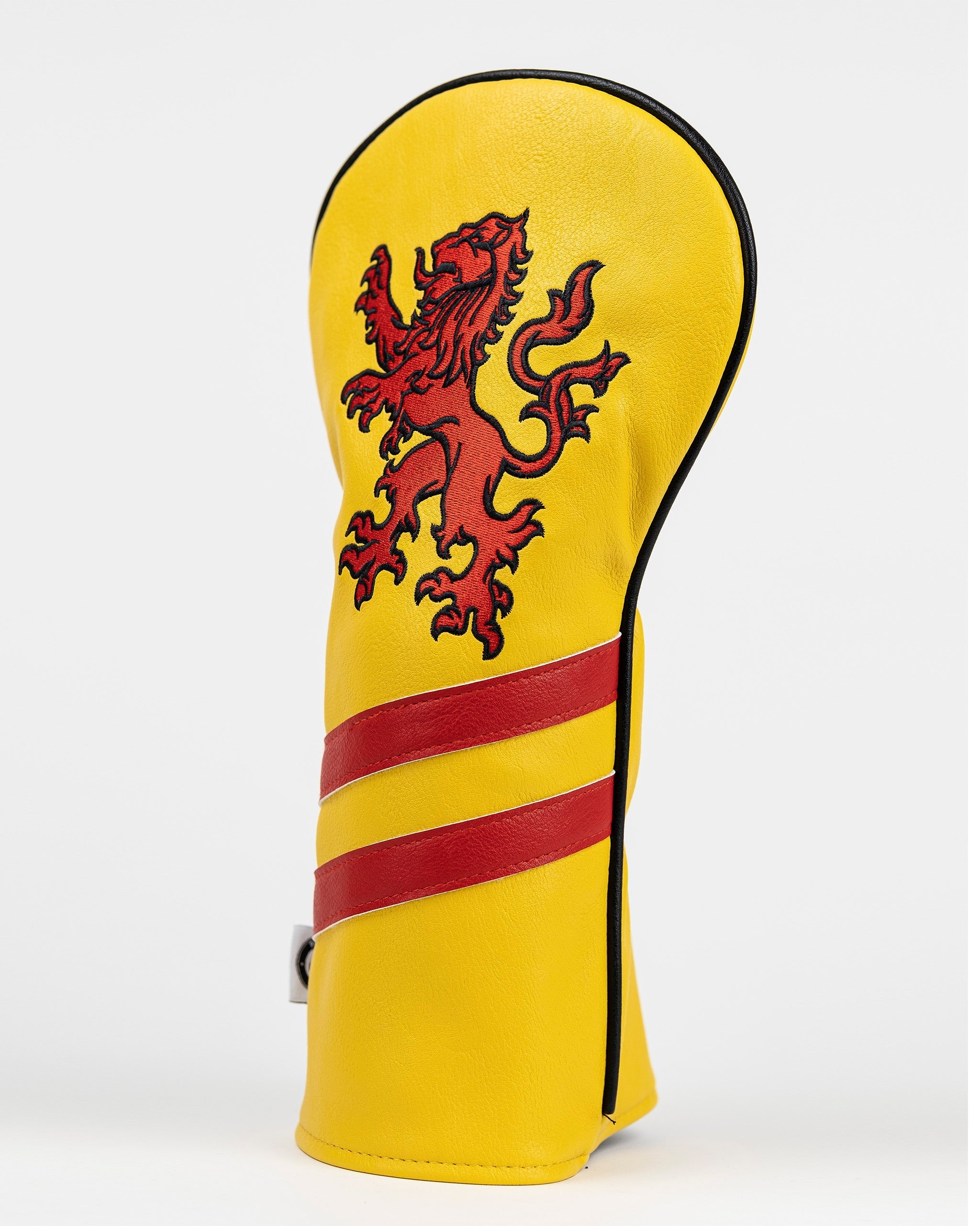 Bold yellow driver cover featuring a red lion emblem and red stripes, perfect for golfers wanting to showcase Scottish pride.