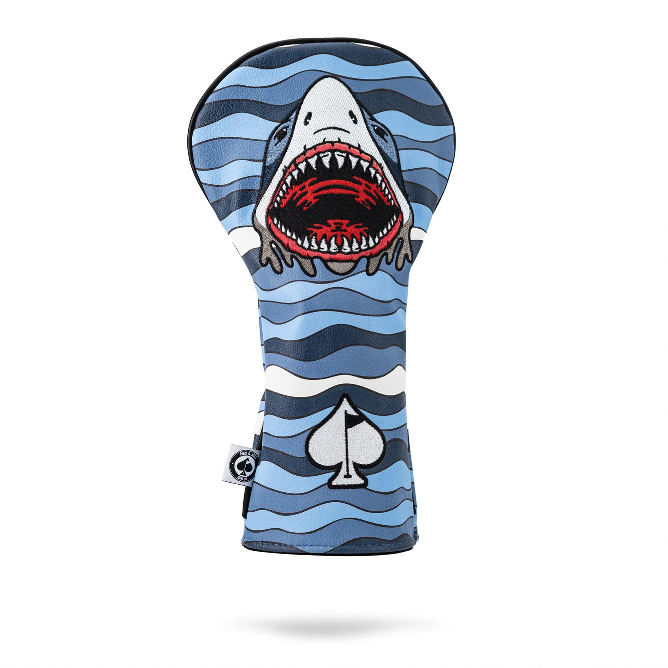 Bold shark-themed driver cover featuring a fierce shark design with blue waves, perfect for golfers wanting to stand out.