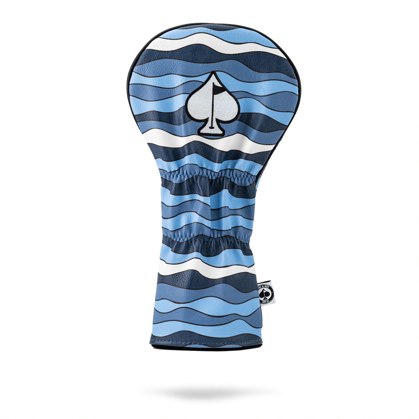 Bold blue and white Shark Attack driver cover featuring a spade logo and wavy design, perfect for stylish golfers.