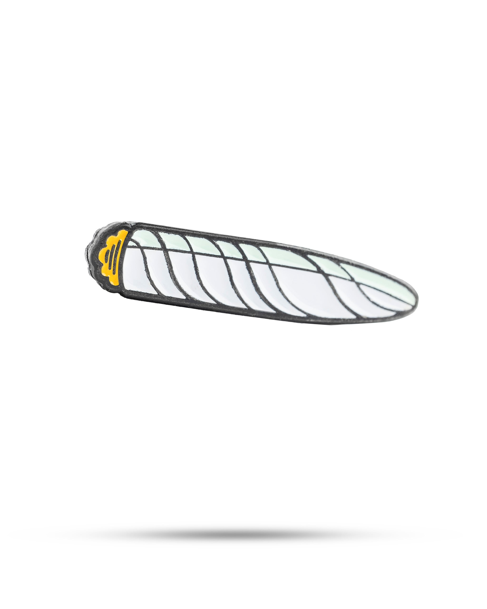 Alt text: "Illustrative 420 joint-shaped golf ball marker with a striped pattern and crown emblem on a light background."