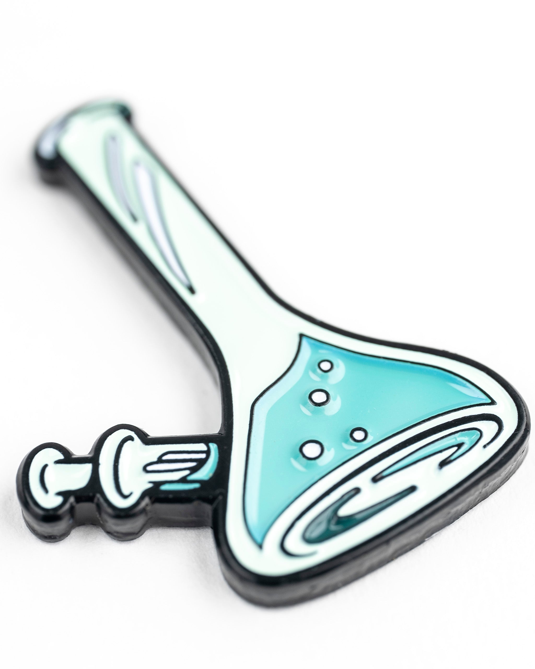 Alt text: Close-up image of a 420-themed bong-shaped golf ball marker in teal and black, illustrating a whimsical design with clear, bubble-like details.