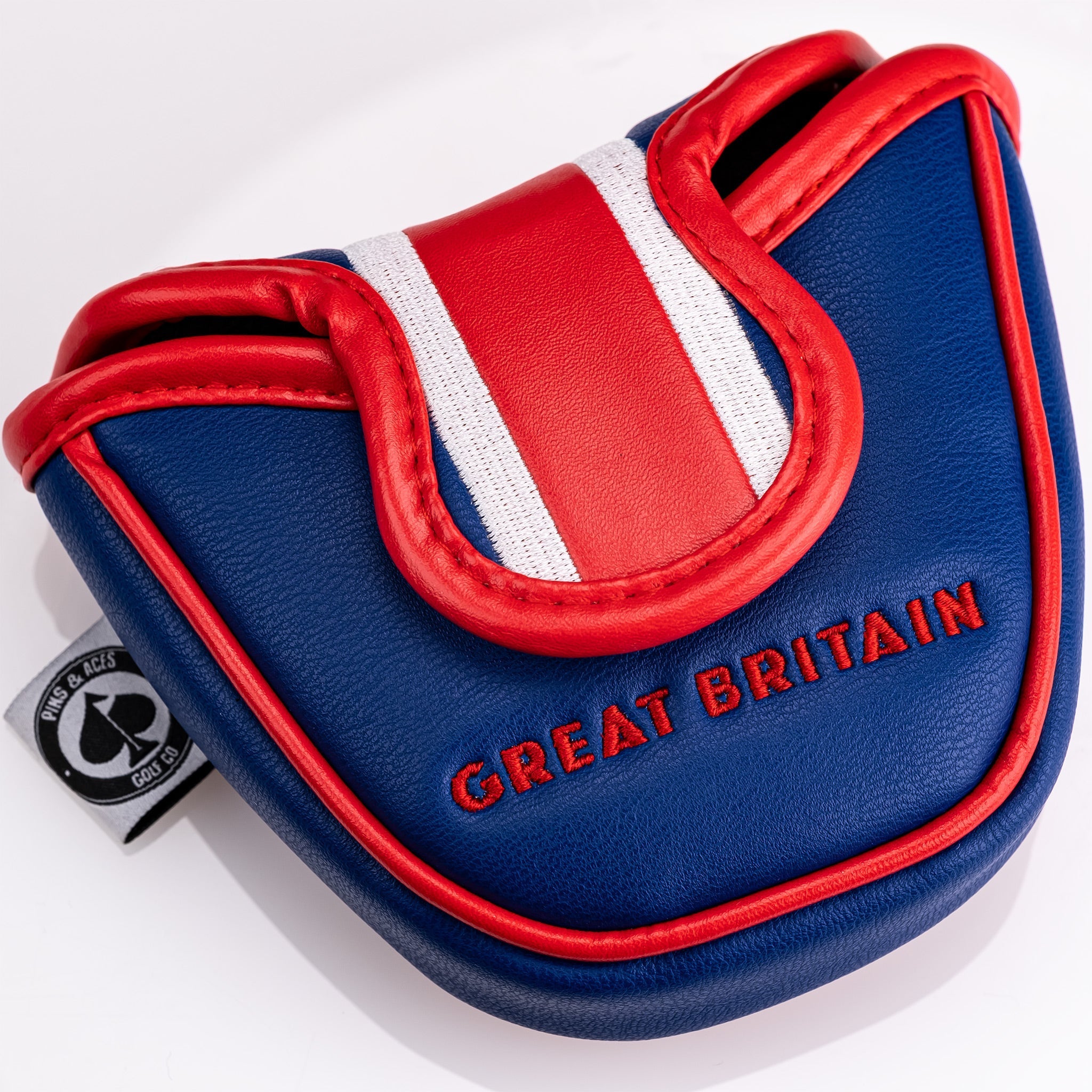 Bold mallet putter cover featuring the United Kingdom flag colors with "GREAT BRITAIN" embroidered in red.
