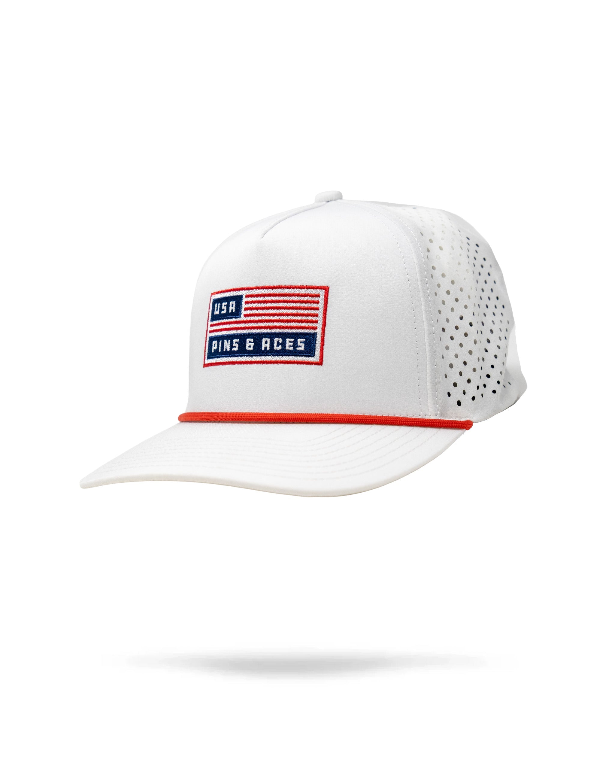 White perforated rope hat with USA flag patch, red trim on the brim, and breathable side panels.