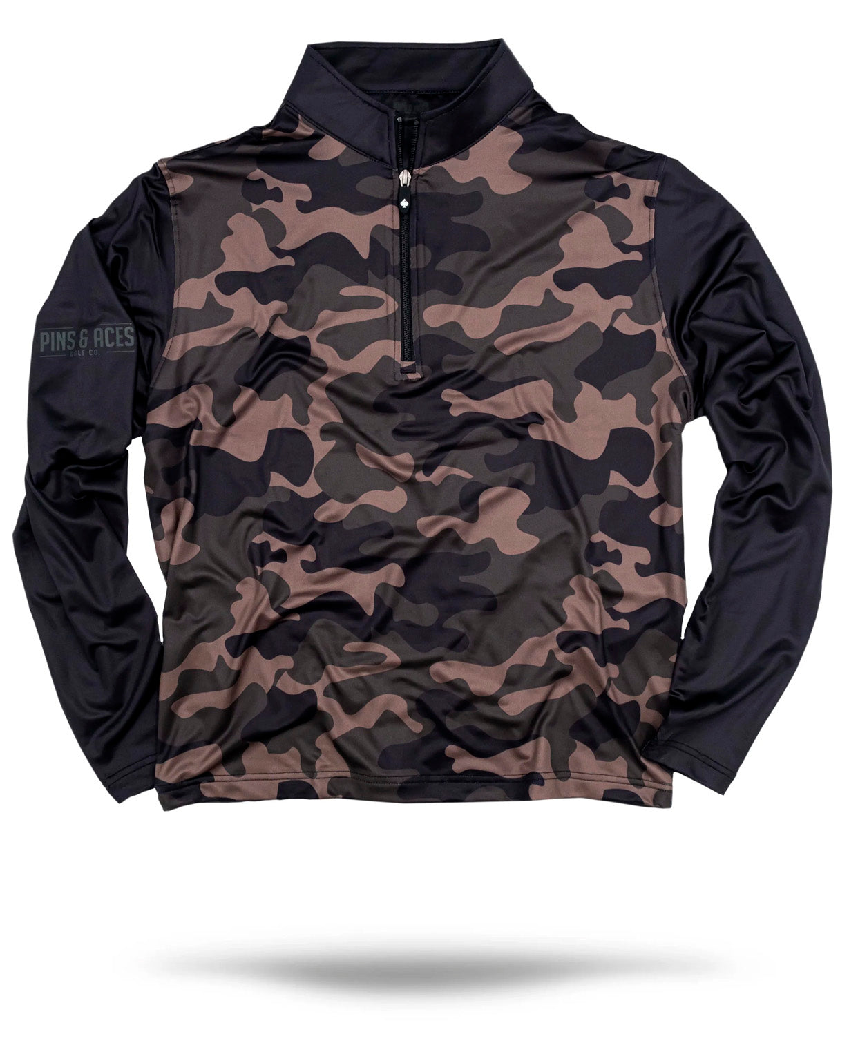Dark Forest Camo Pullover featuring a camouflage pattern in shades of green and brown, ideal for outdoor activities.