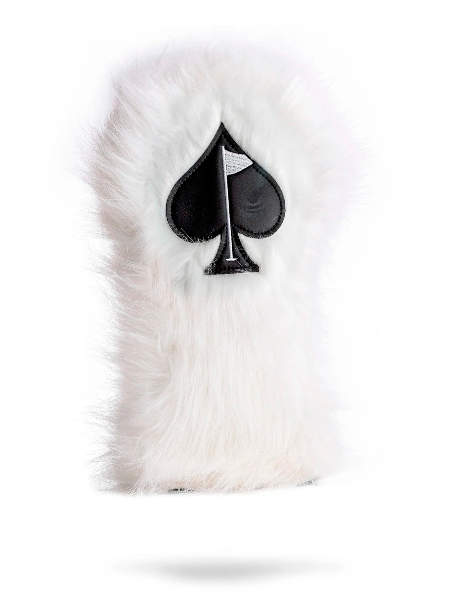 White fuzzy driver cover with a plush texture, featuring a sleek design and a snug fit for golf clubs.