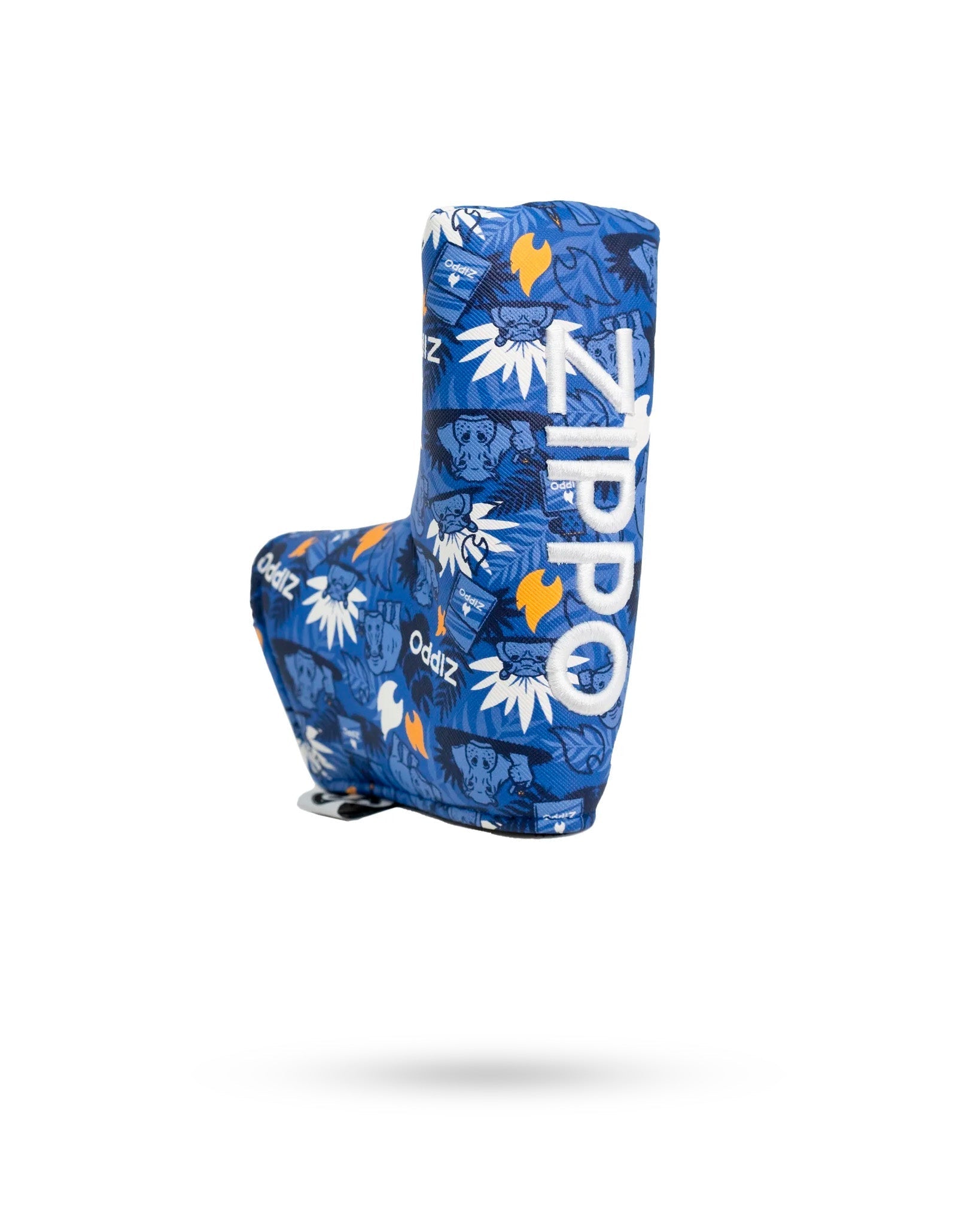 Bold Zippo blade putter cover featuring a vibrant blue design with graphic elements, perfect for stylish golfers.