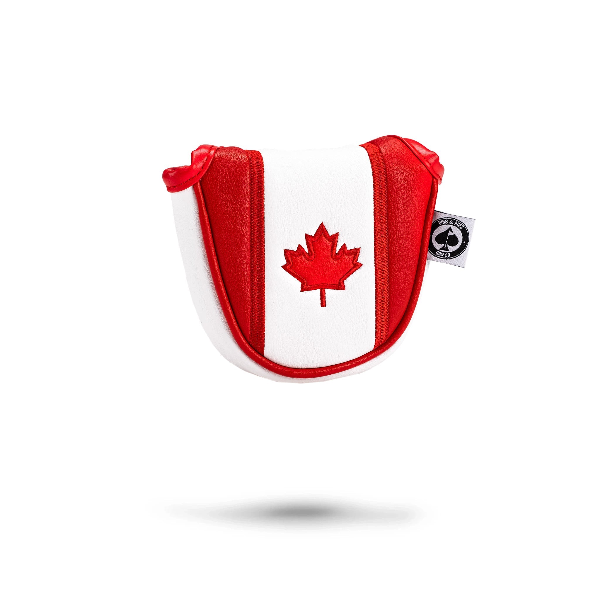 Bold Canada mallet putter cover featuring a red and white design with a prominent maple leaf, perfect for stylish golfers.