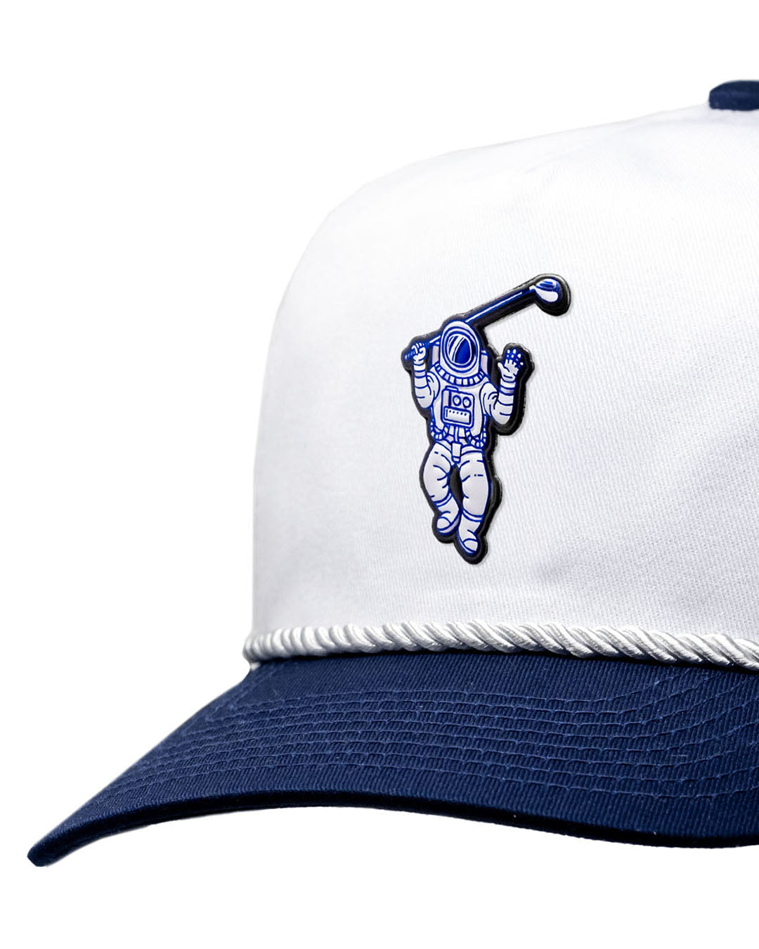 Heritage Rope Hat in Admiral color featuring Space Golfer design, showcasing white front with woven rope detail.