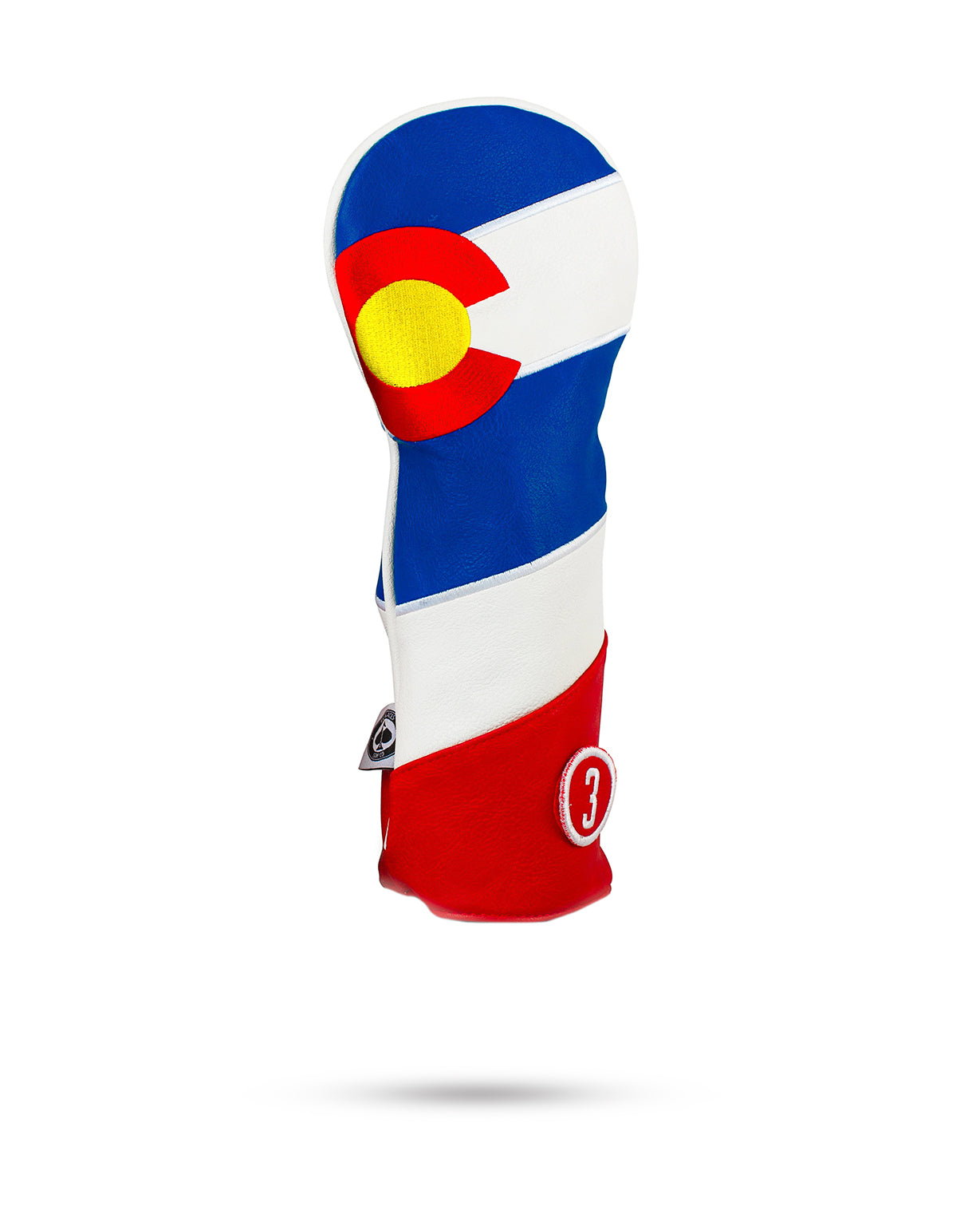 Colorado State Flag fairway cover featuring vibrant blue, red, and white colors with a circular emblem. Perfect for golfers.