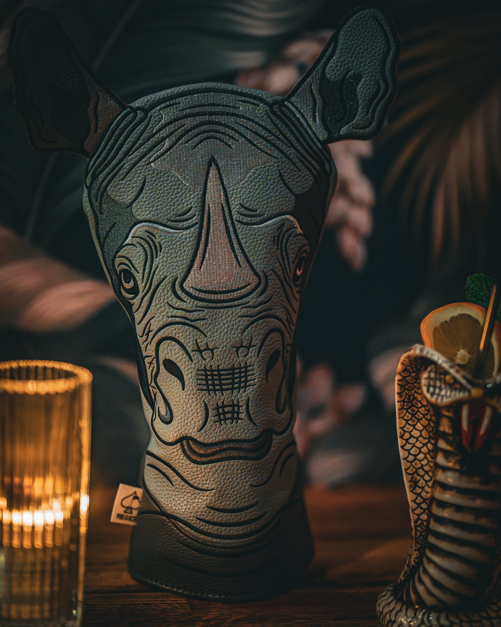 Rhino driver cover featuring a realistic 3D design, showcasing detailed facial features and textured fabric in vibrant colors.