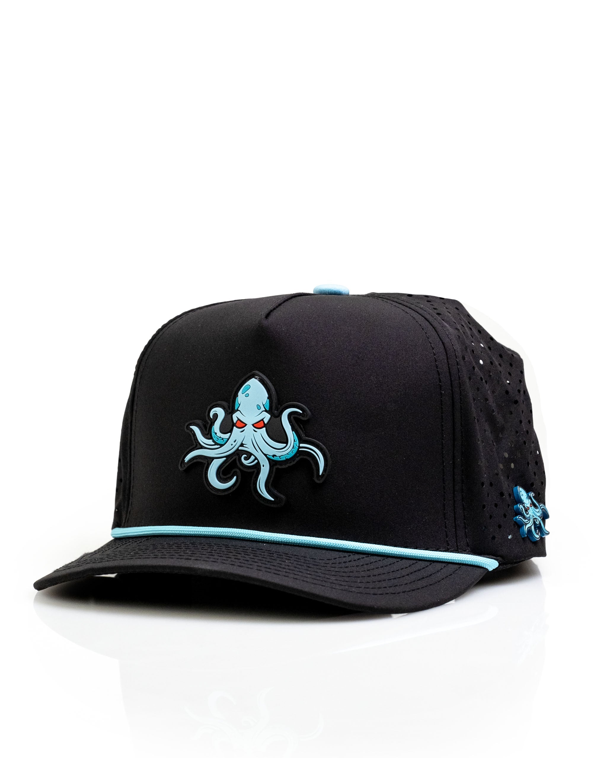 Kraken Black perforated rope hat featuring a blue octopus logo and stylish design for bold golfers.