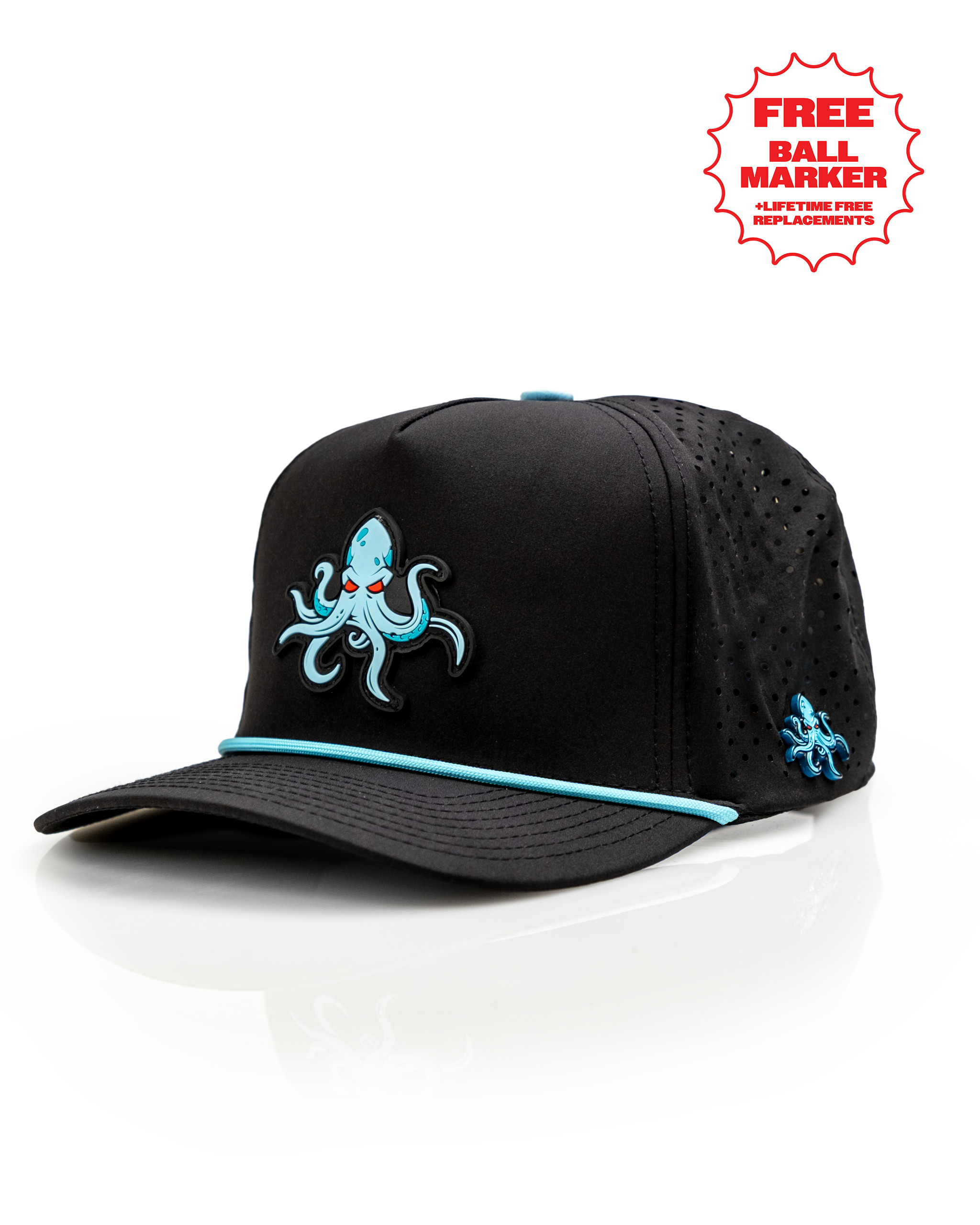 Kraken Black perforated rope hat featuring an octopus design and a contrasting blue accent for a bold golf look.