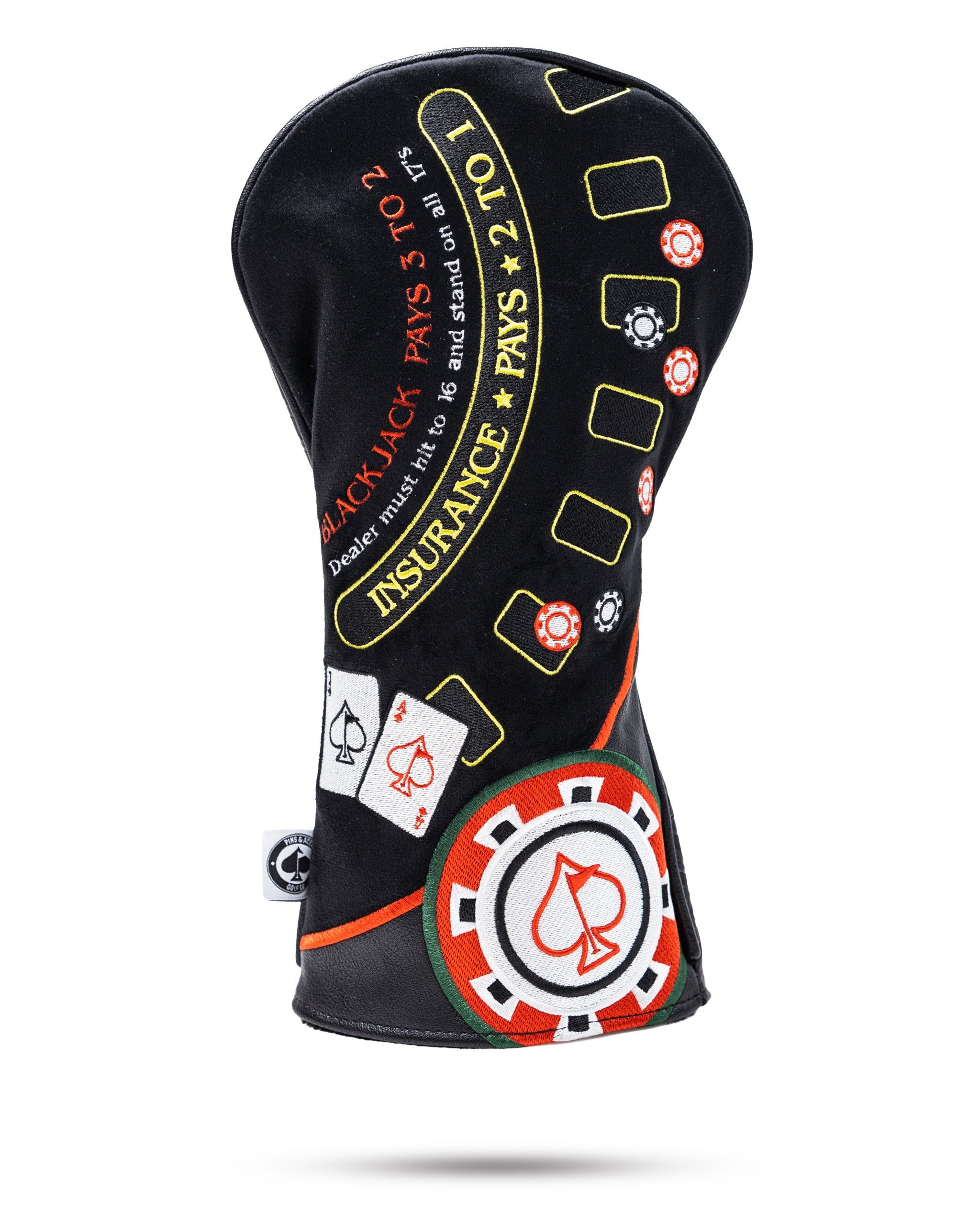 Blackjack driver cover in black with white accents, featuring a sleek design and a protective fit for golf club drivers.