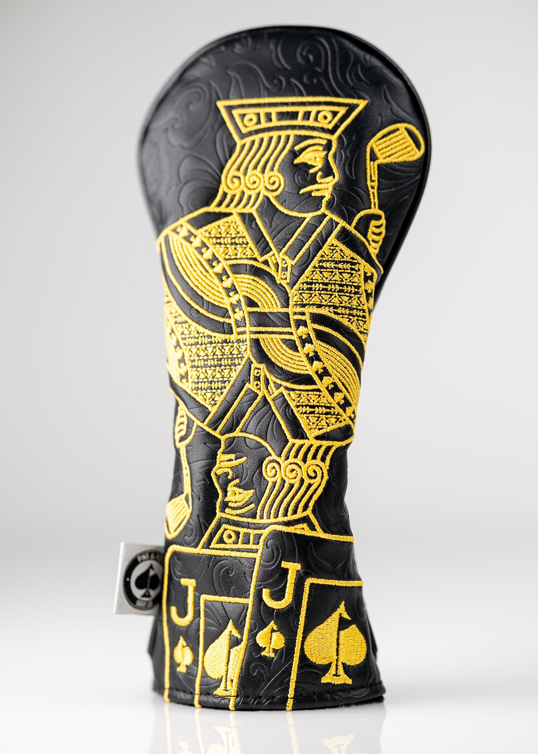 Black and gold Jack of Spades hybrid golf club cover featuring a sleek design.