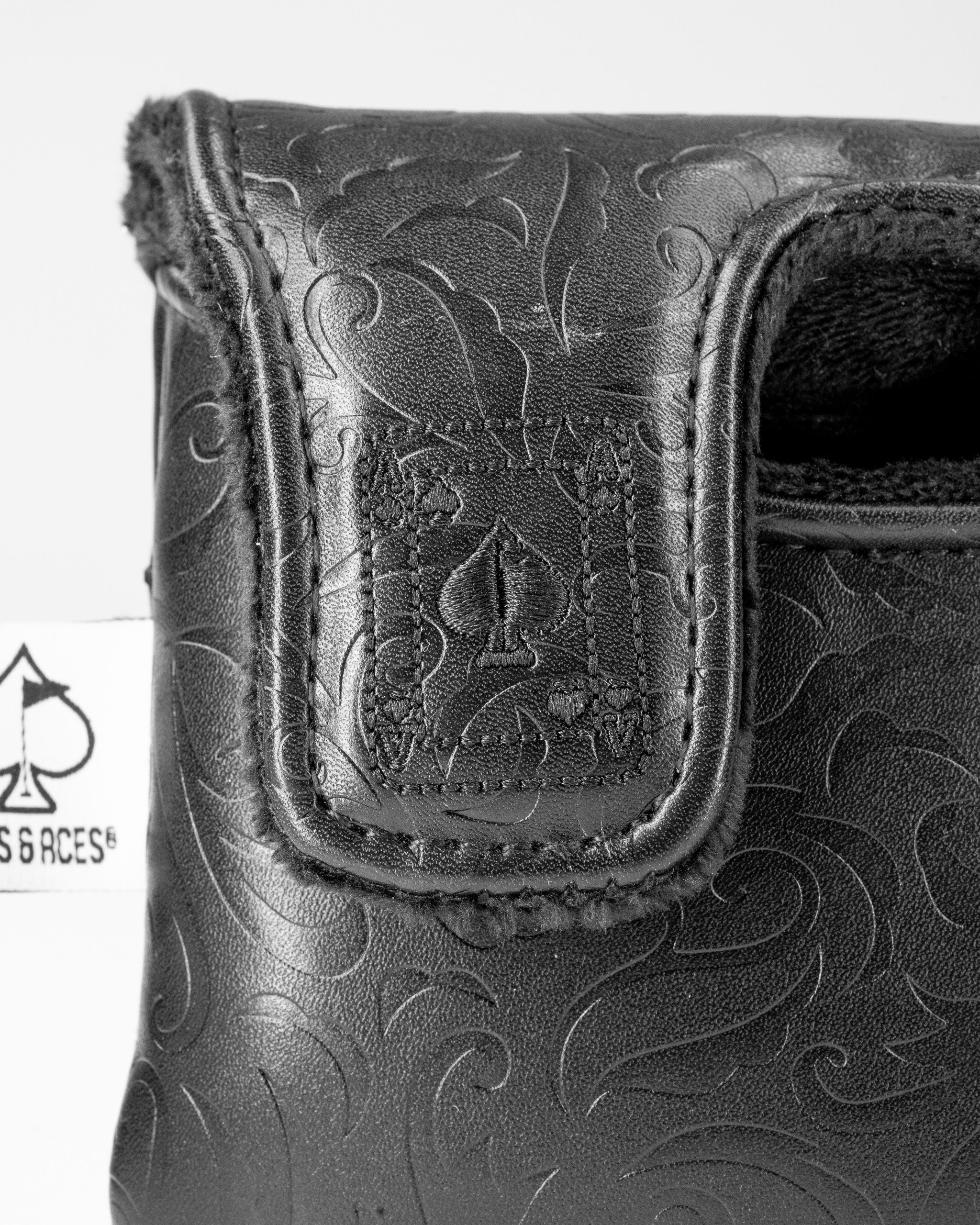 Blackout Ace of Spades center shaft mallet putter cover featuring an embossed spade design and soft interior lining.
