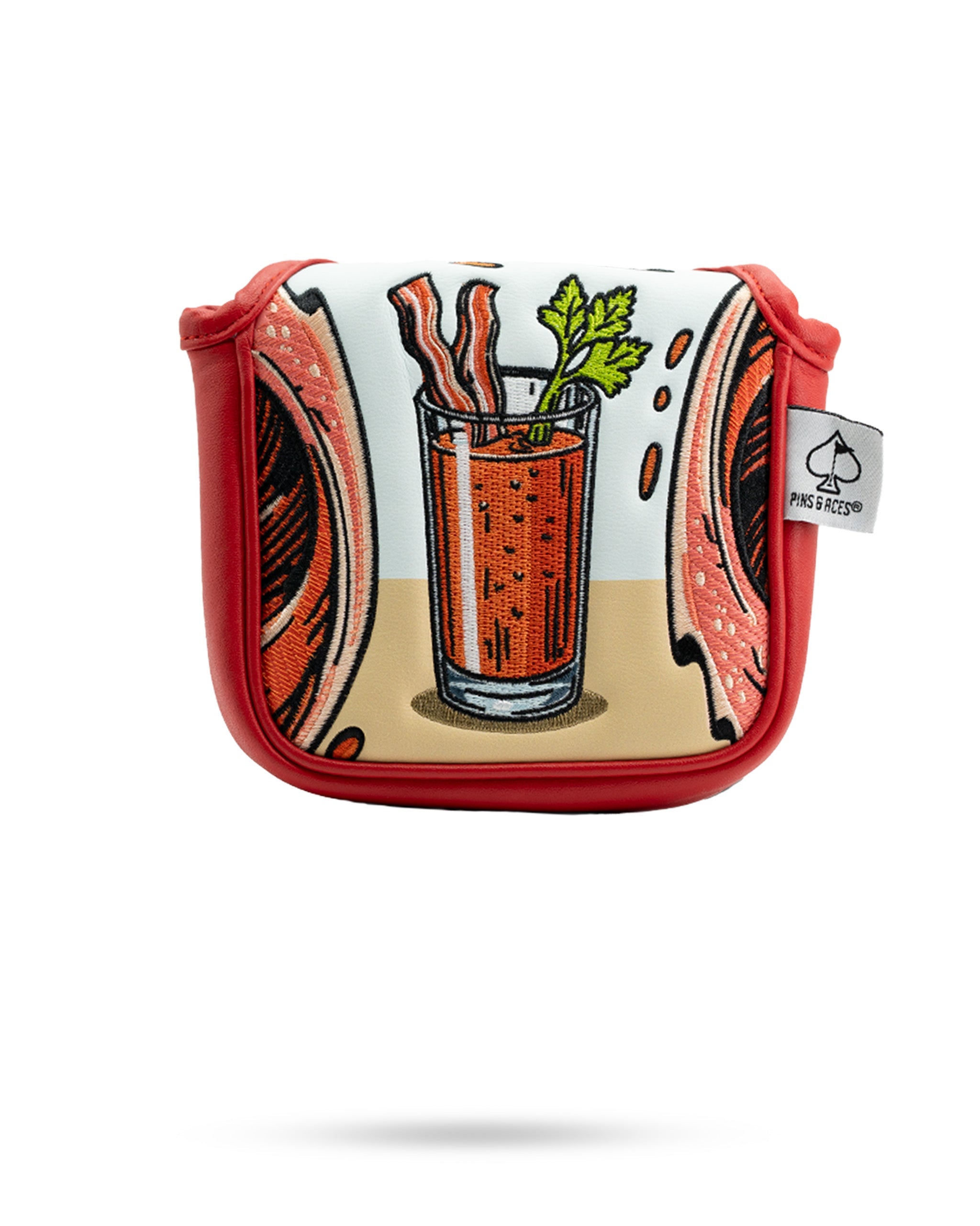 Bold Bloody Mary mallet putter cover featuring a vibrant illustration of a cocktail with bacon and celery.