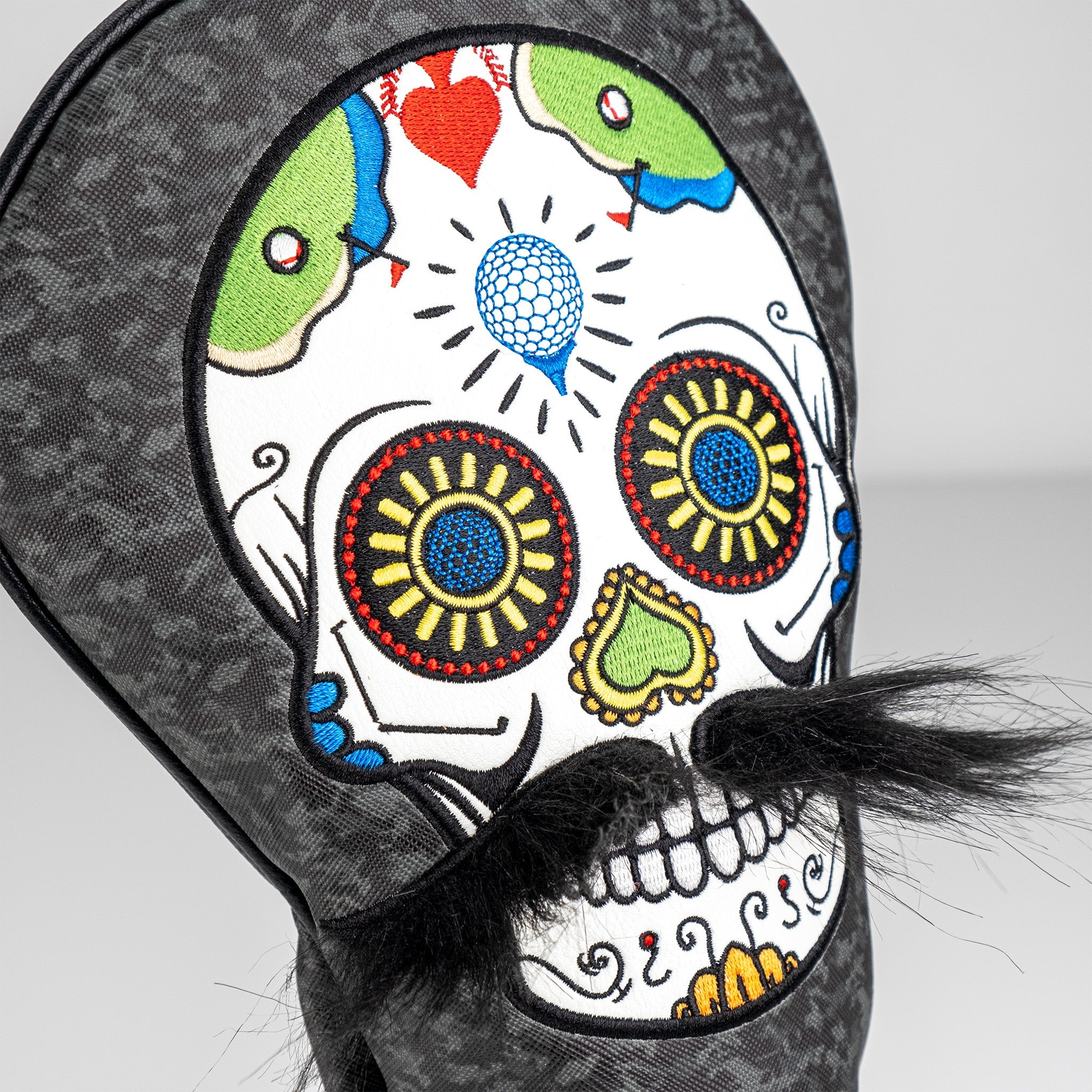 Gray camo fairway cover featuring a mustache sugar skull design.