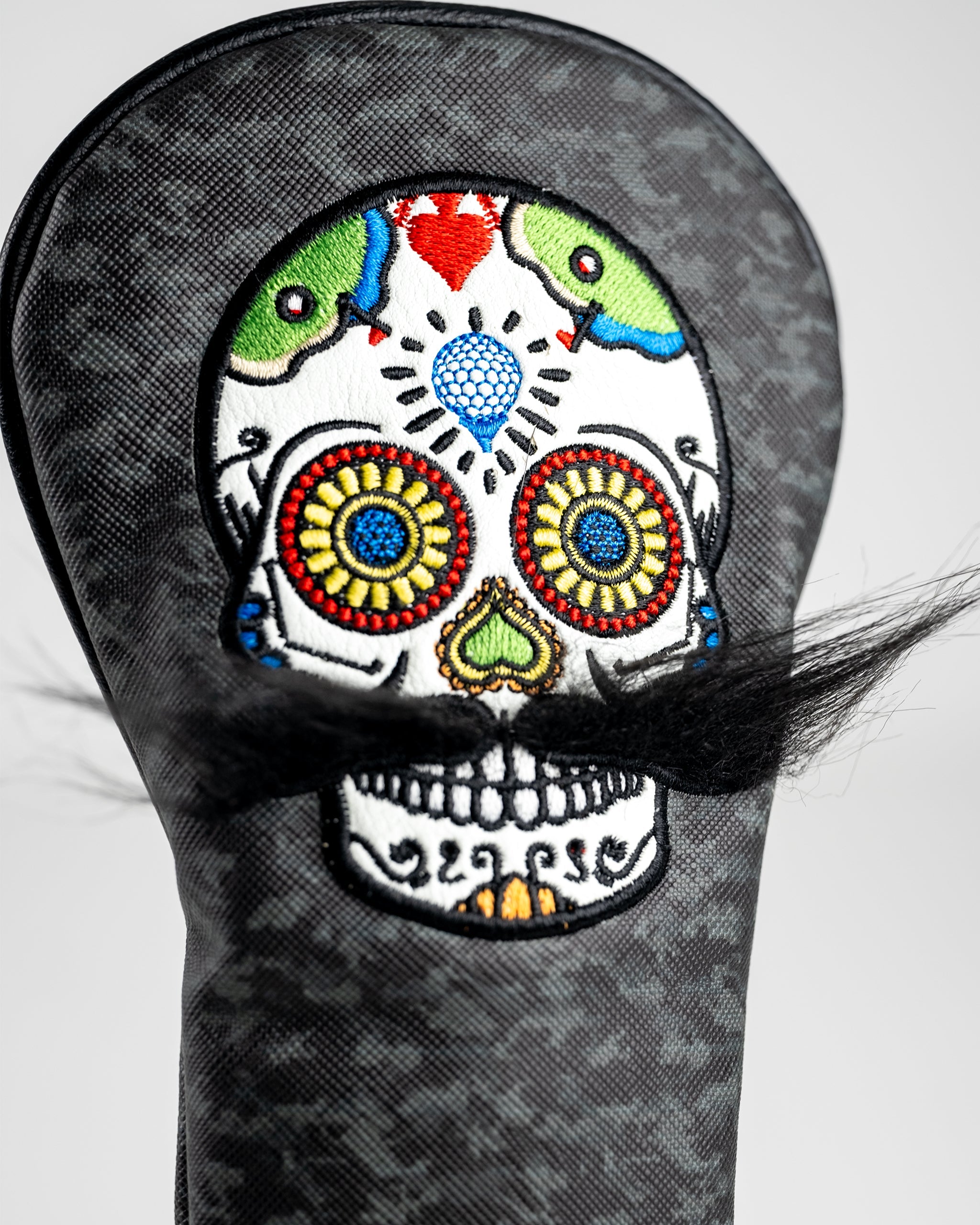 Mustache Sugar Skull Hybrid Cover in gray camo pattern.