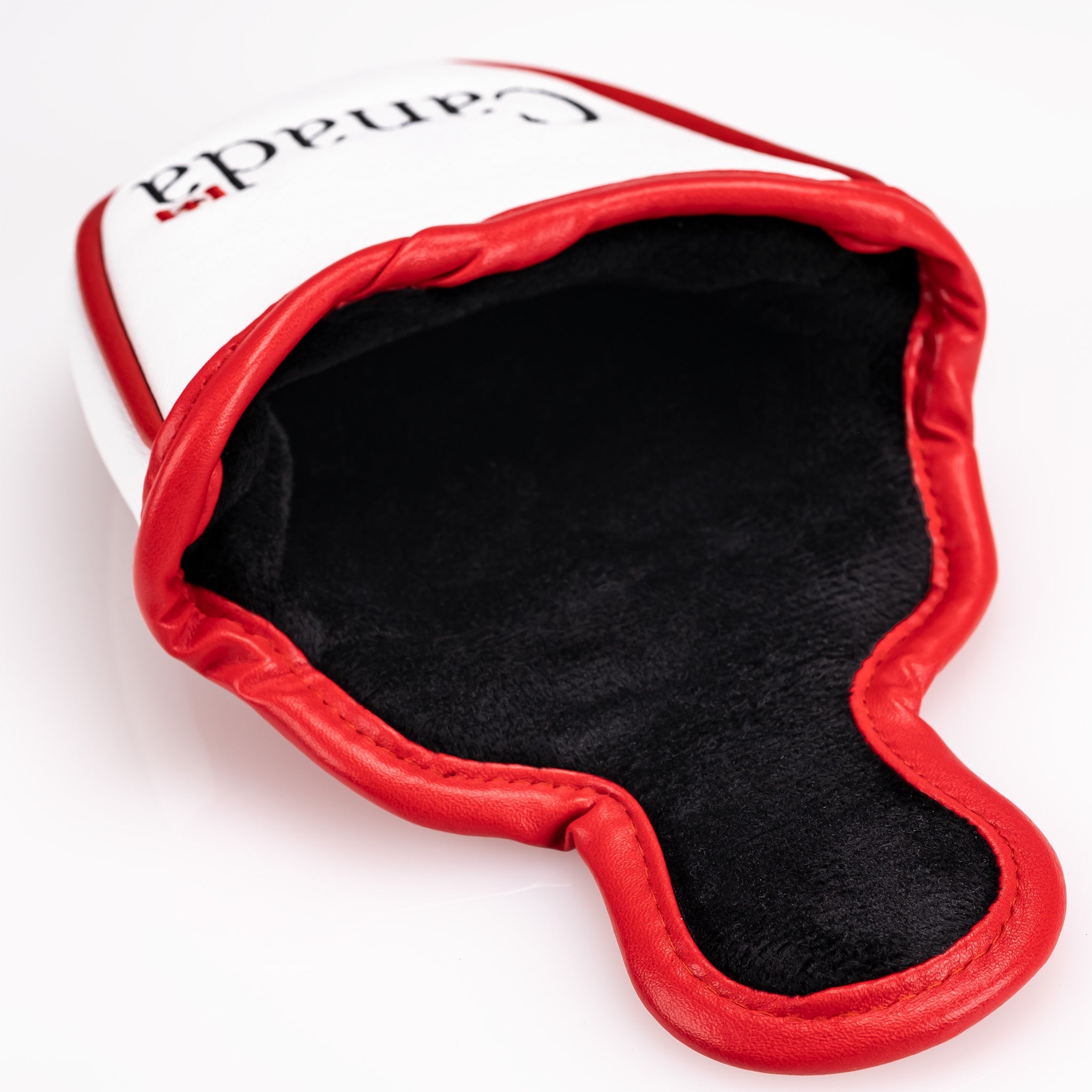 Canada mallet putter cover featuring a vibrant red and white design with a maple leaf, showcasing detailed stitching and soft interior lining.