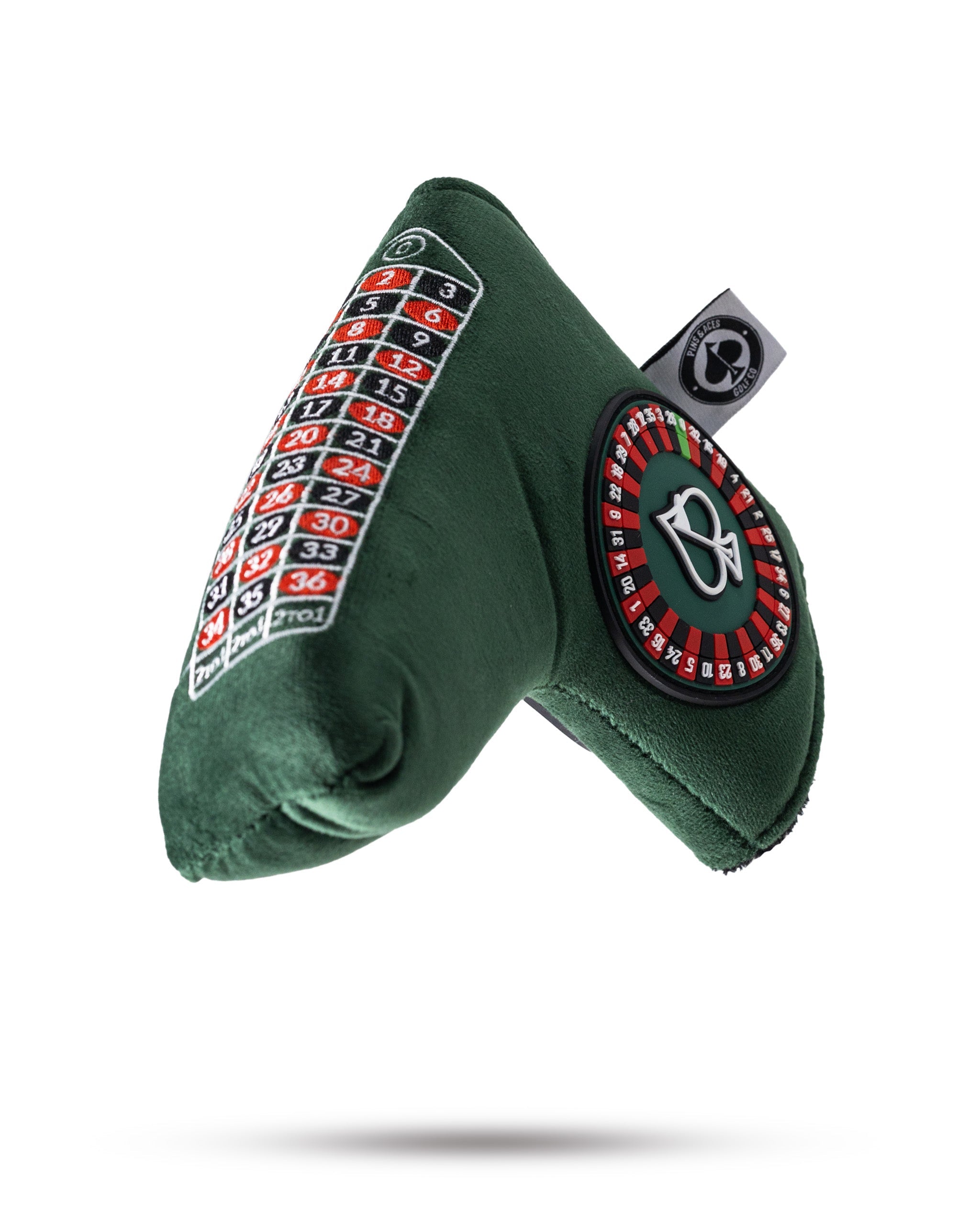 Alt text: "Roulette-themed blade putter cover featuring vibrant casino graphics and colorful roulette wheel design."